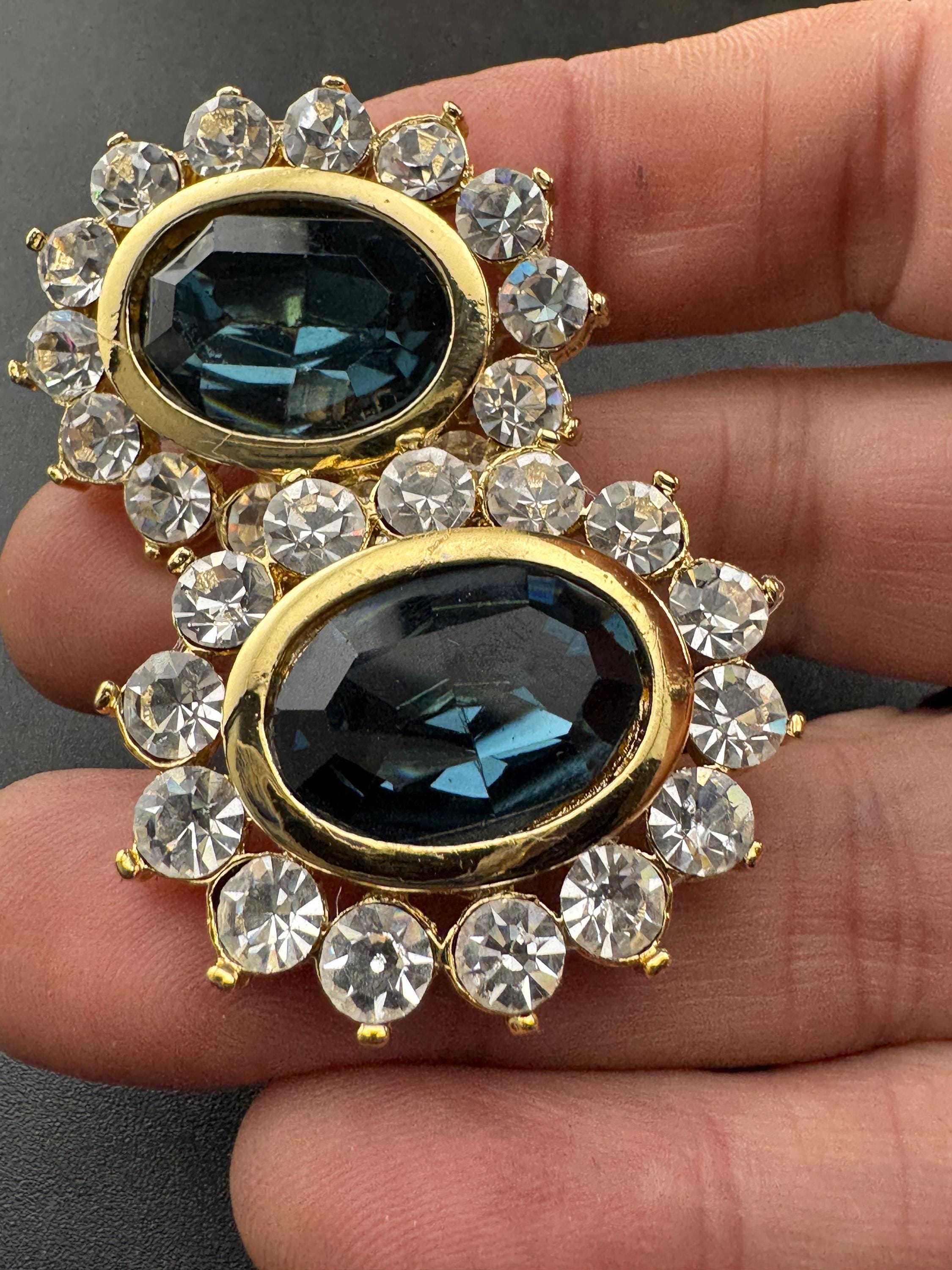 Sapphire blue oval oversized Swarovski earrings, clip on gold tone