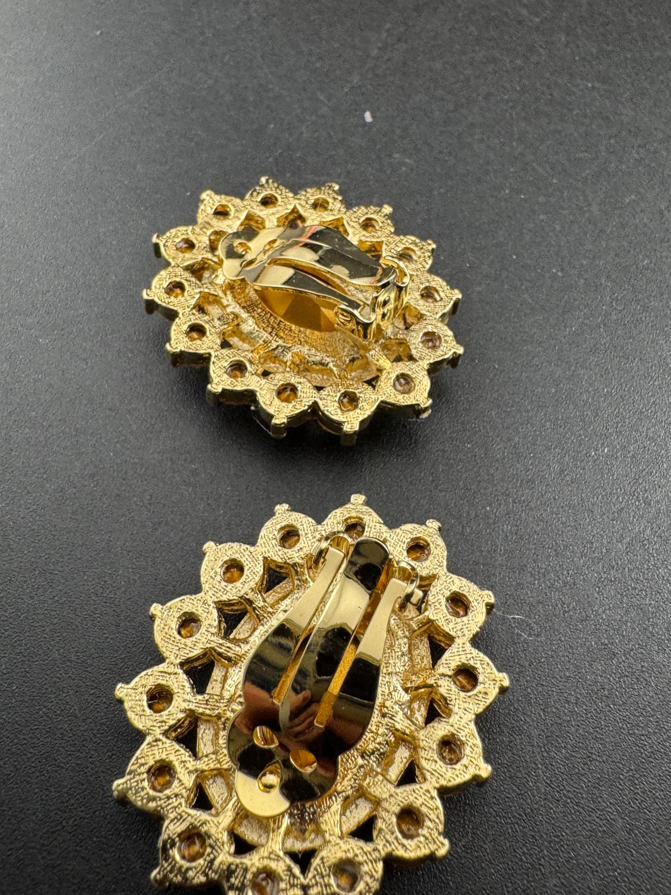 Sapphire blue oval oversized Swarovski earrings, clip on gold tone