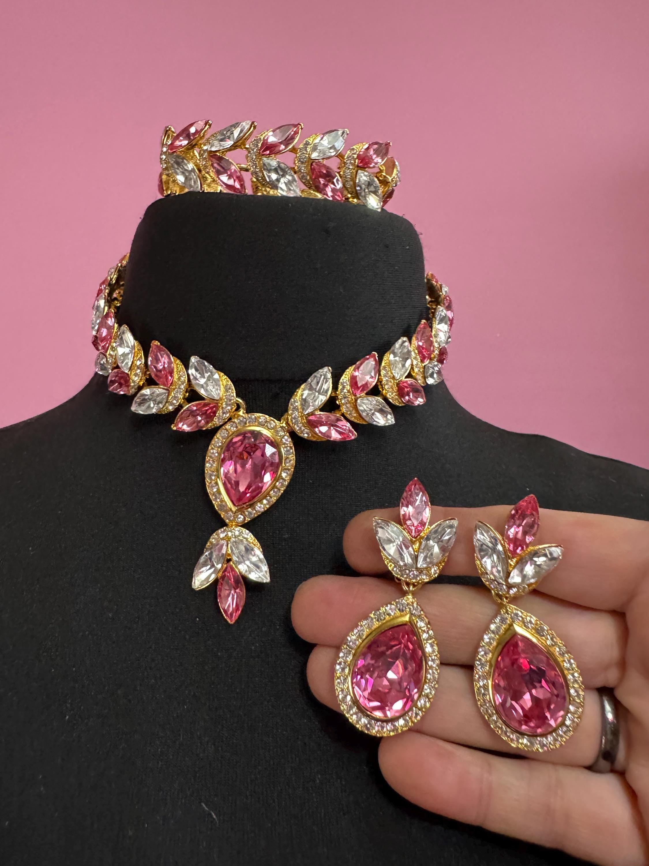 Vintage PINK Swarovski crystal jewellery set, necklace,bracelet and clip on earrings.