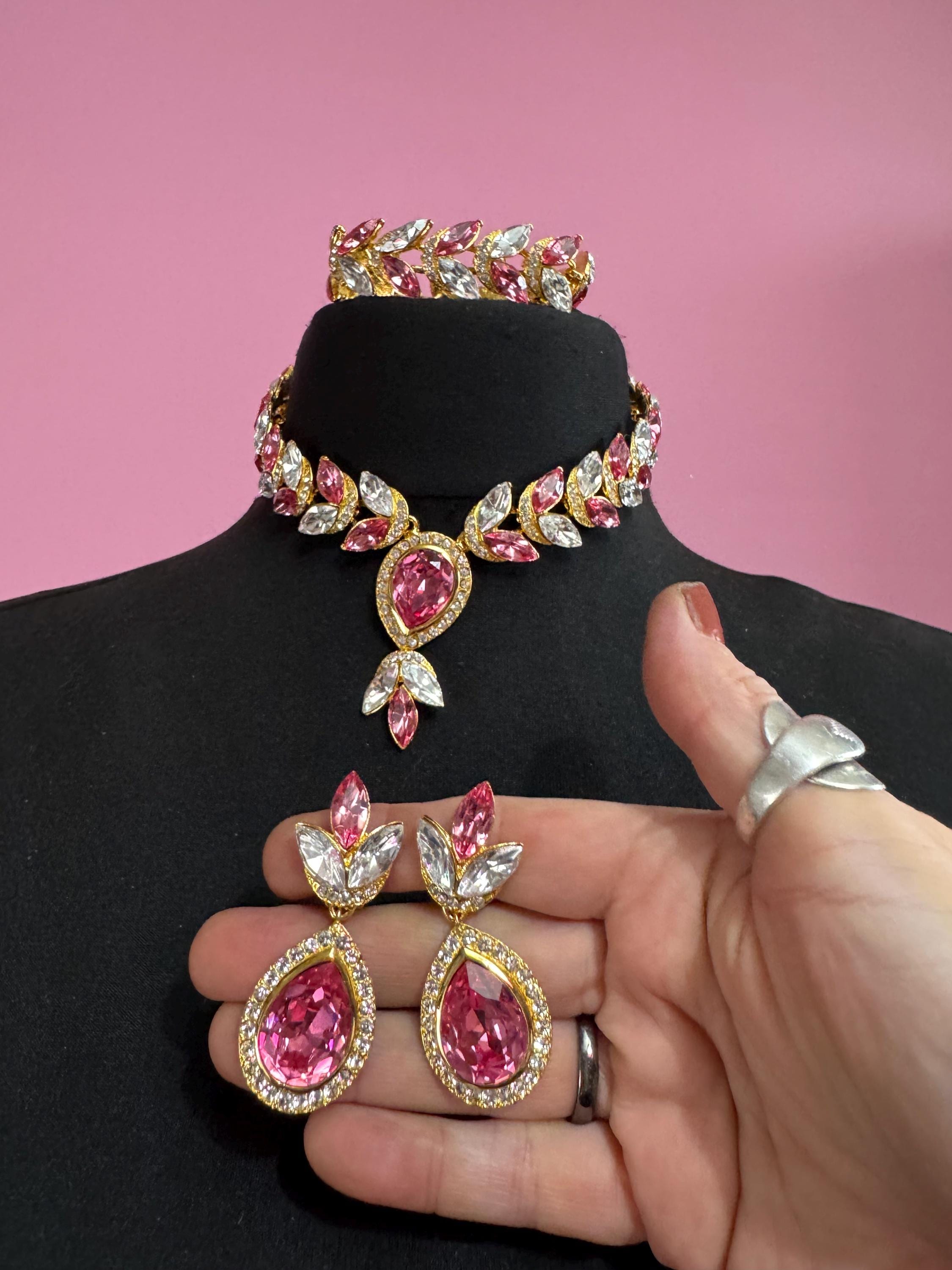 Vintage PINK Swarovski crystal jewellery set, necklace,bracelet and clip on earrings.