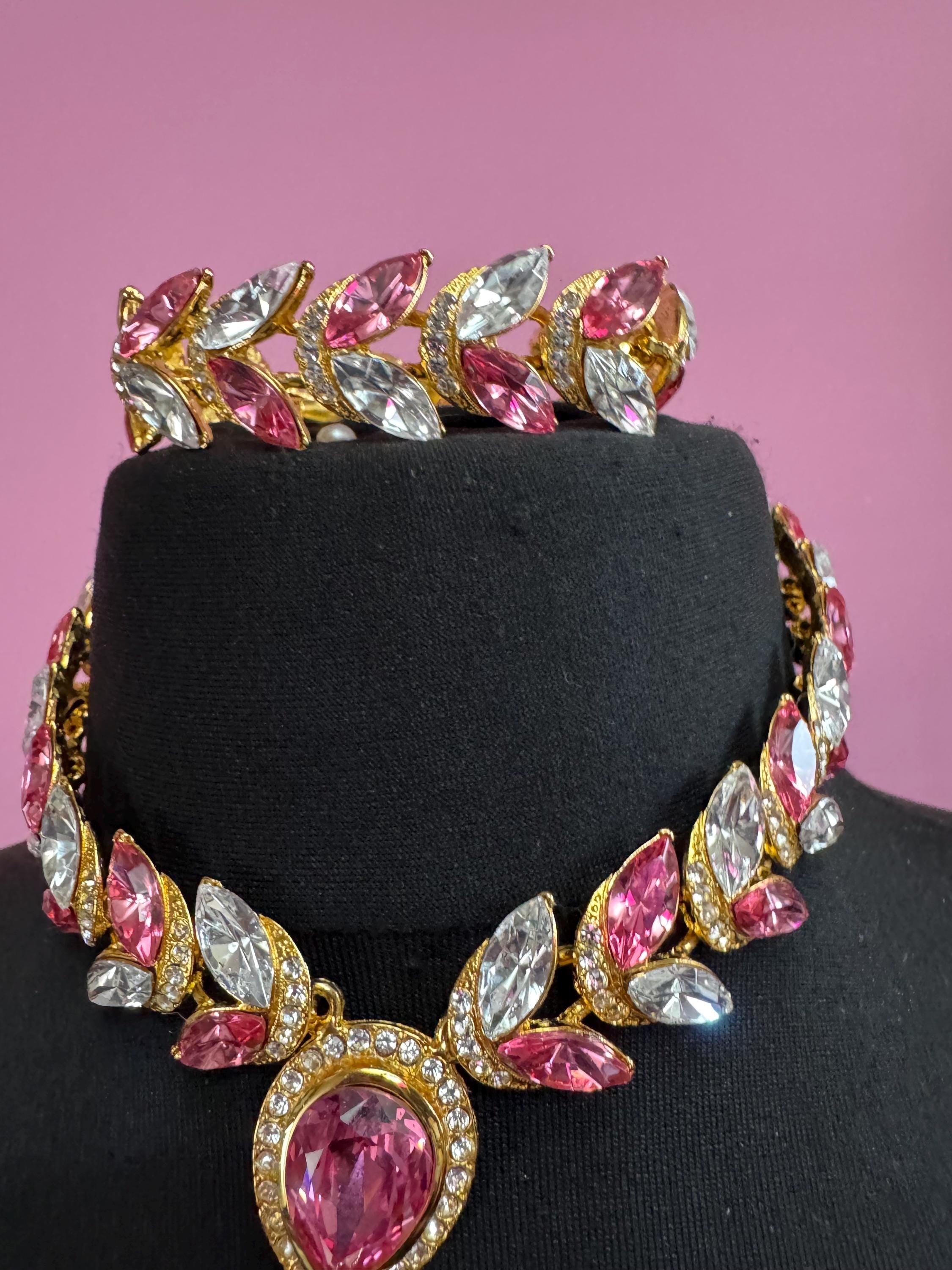 Vintage PINK Swarovski crystal jewellery set, necklace,bracelet and clip on earrings.