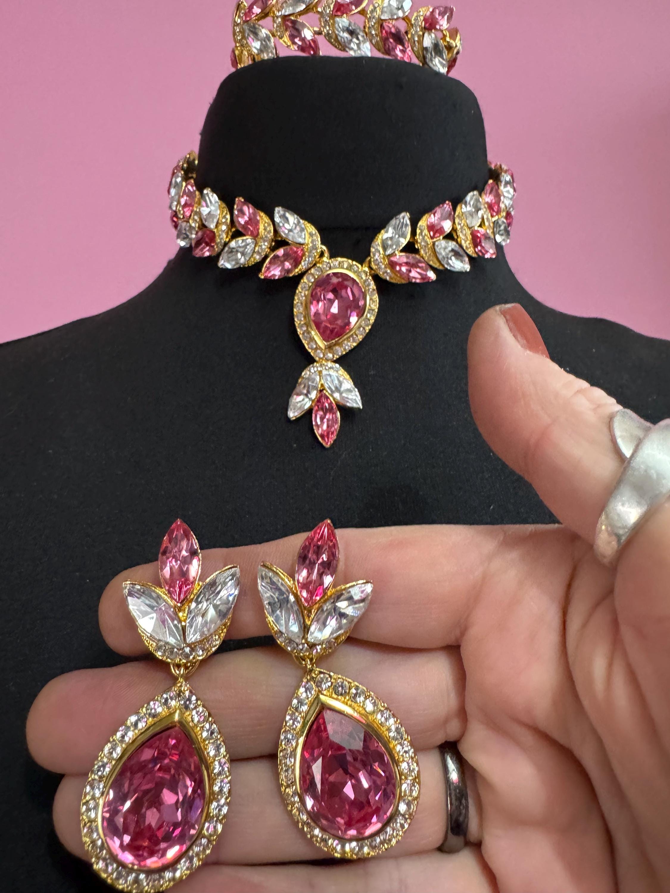 Vintage PINK Swarovski crystal jewellery set, necklace,bracelet and clip on earrings.