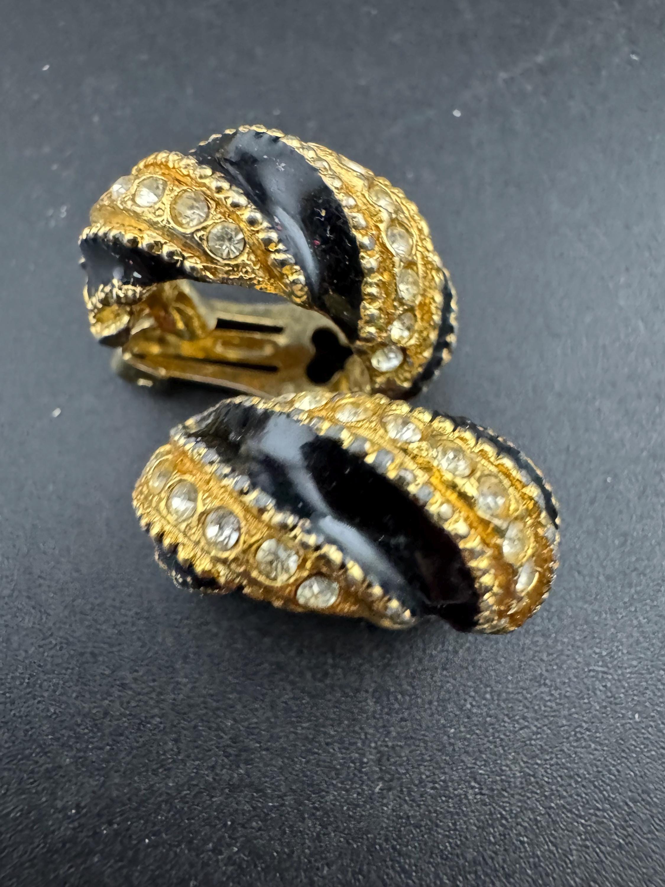 Vintage black enamel Clip On Earrings: Diamanté half hoops 1980s