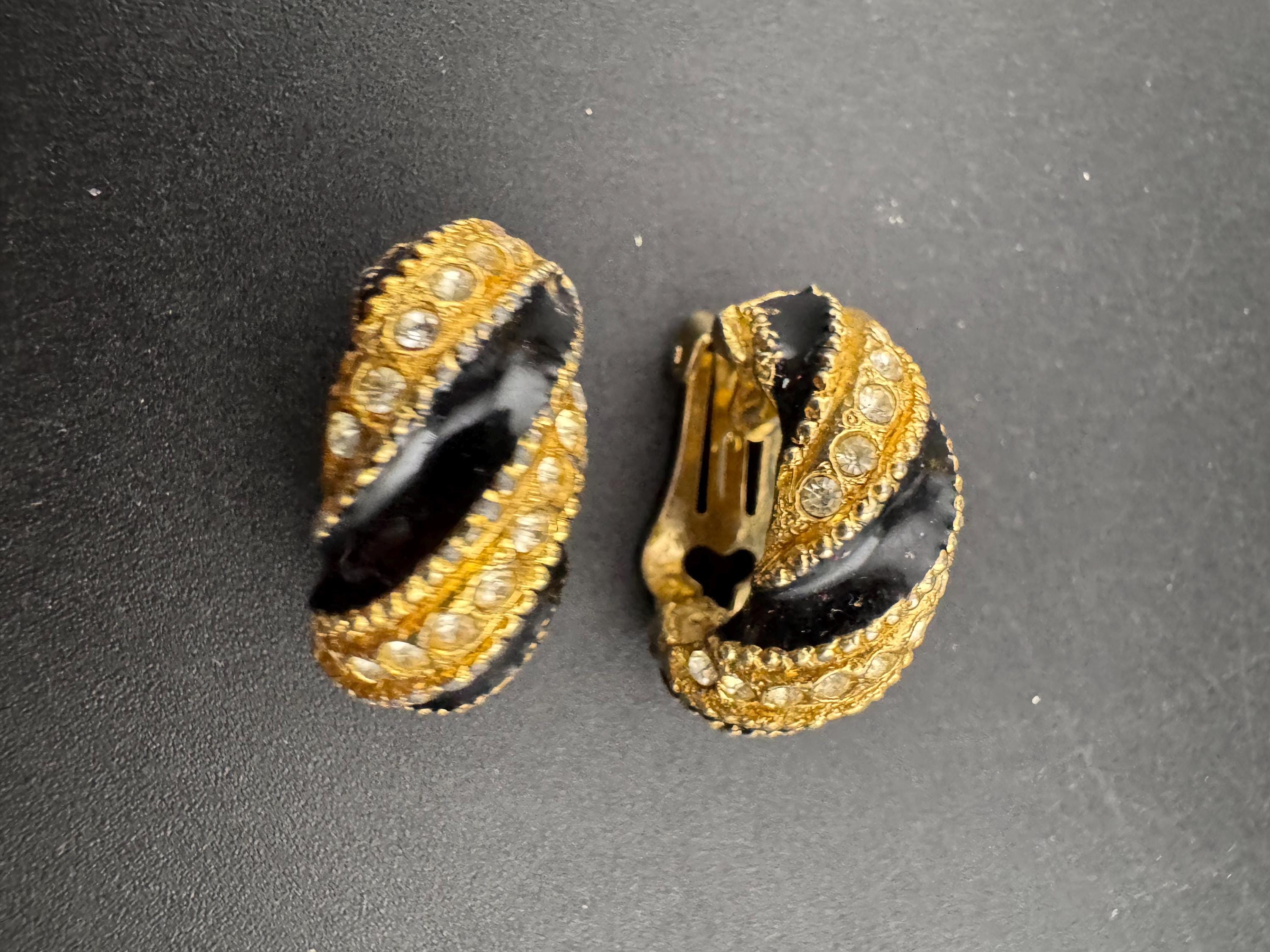 Vintage black enamel Clip On Earrings: Diamanté half hoops 1980s