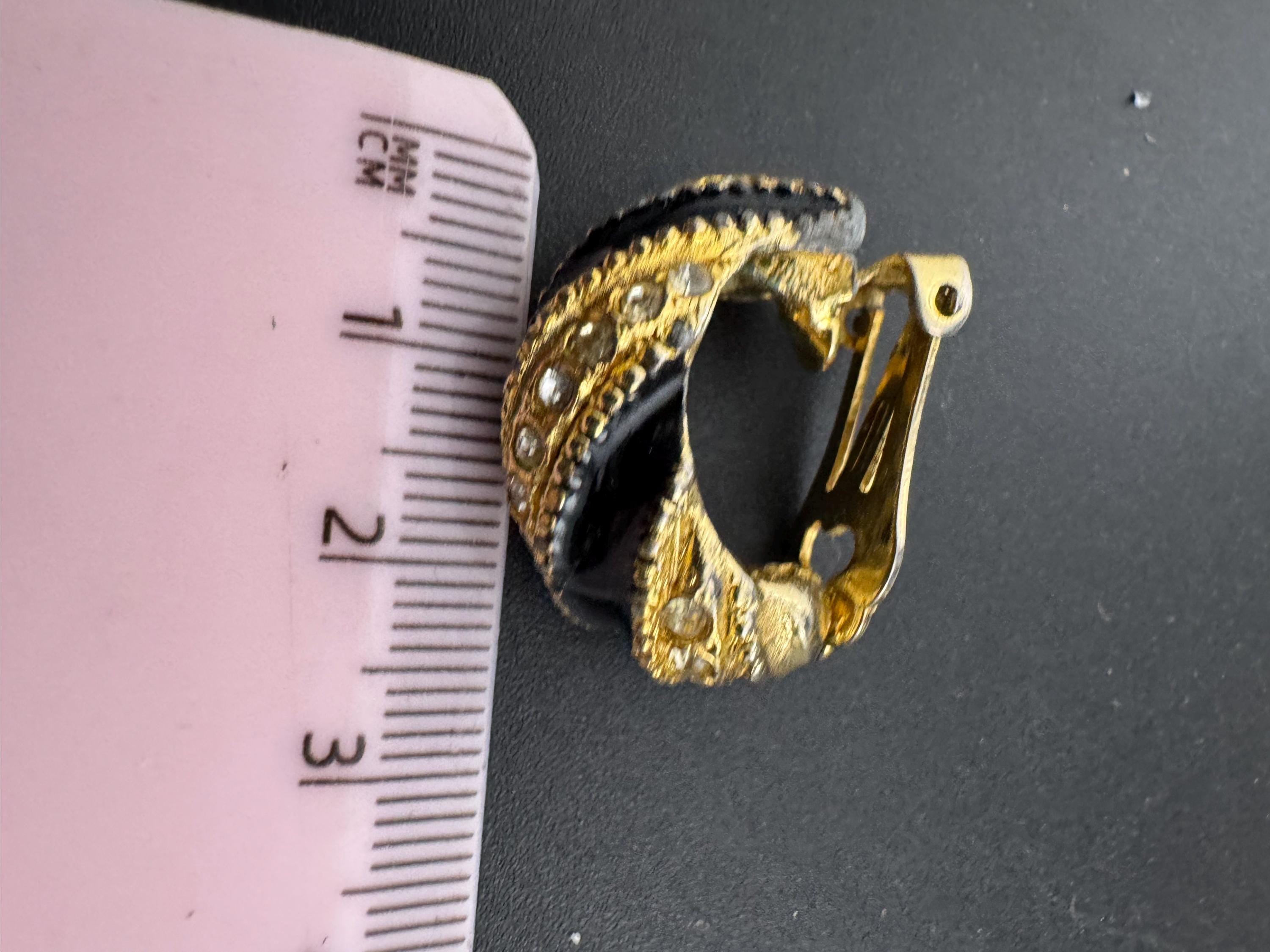 Vintage black enamel Clip On Earrings: Diamanté half hoops 1980s