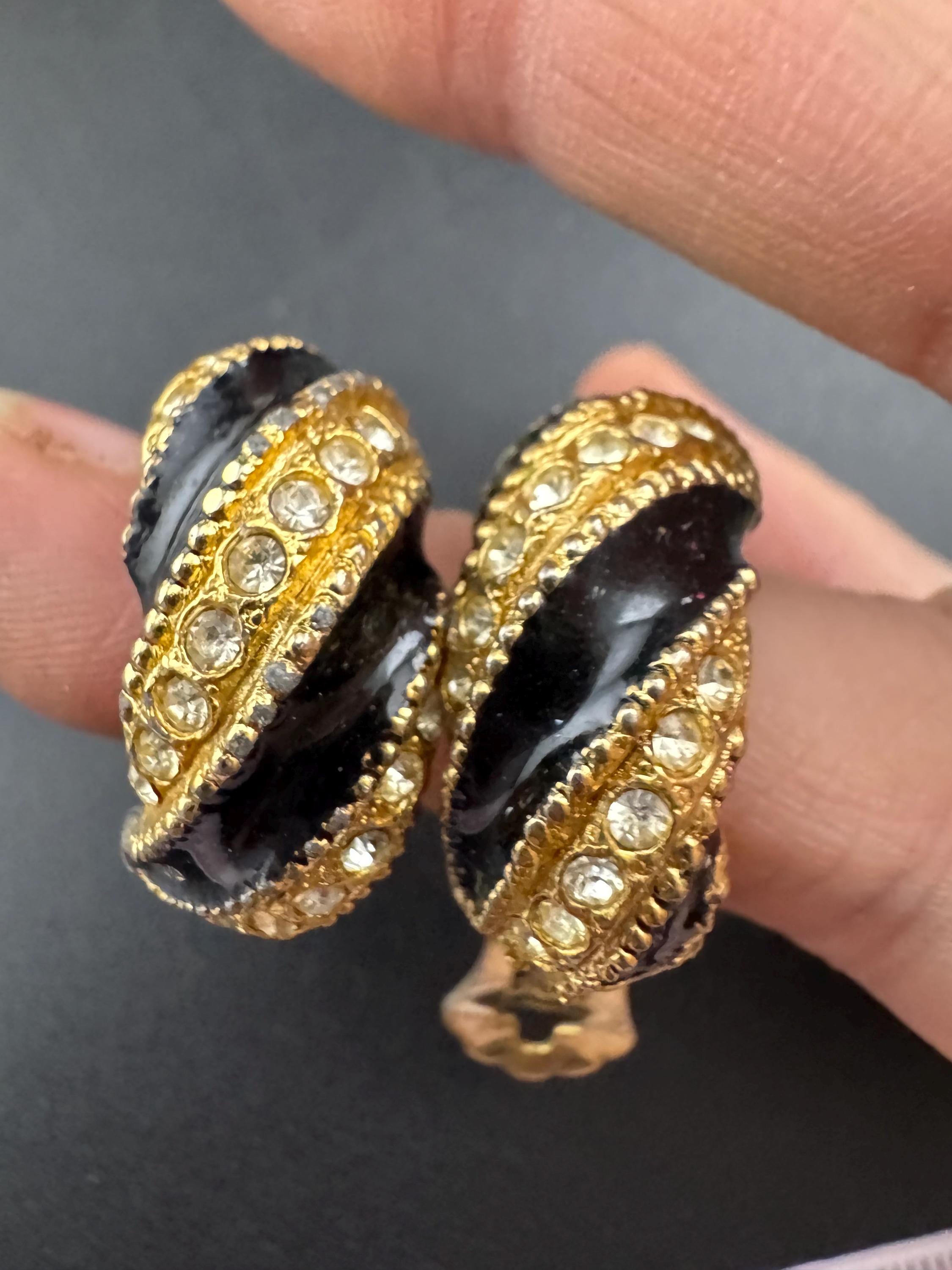 Vintage black enamel Clip On Earrings: Diamanté half hoops 1980s