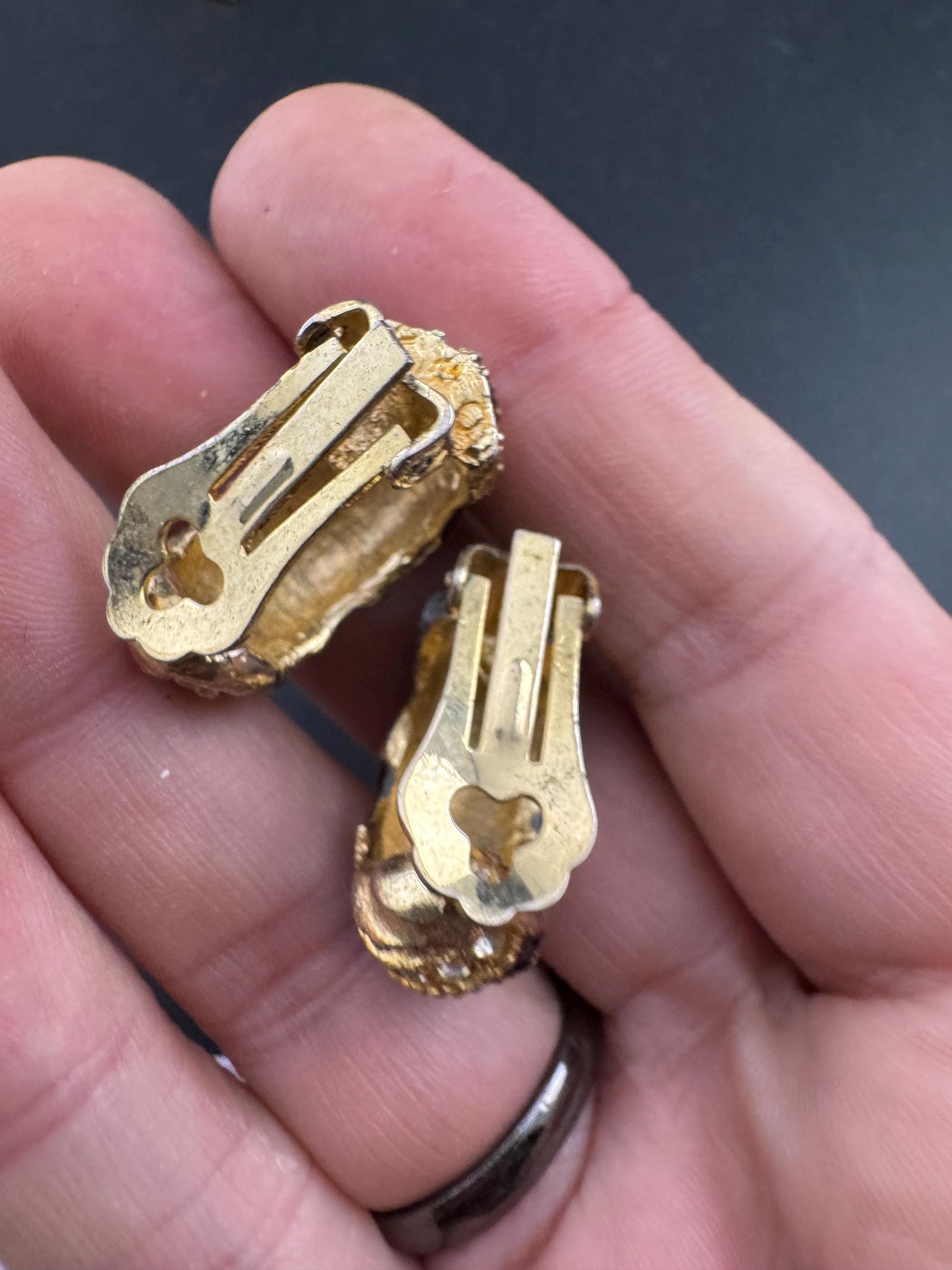 Vintage black enamel Clip On Earrings: Diamanté half hoops 1980s