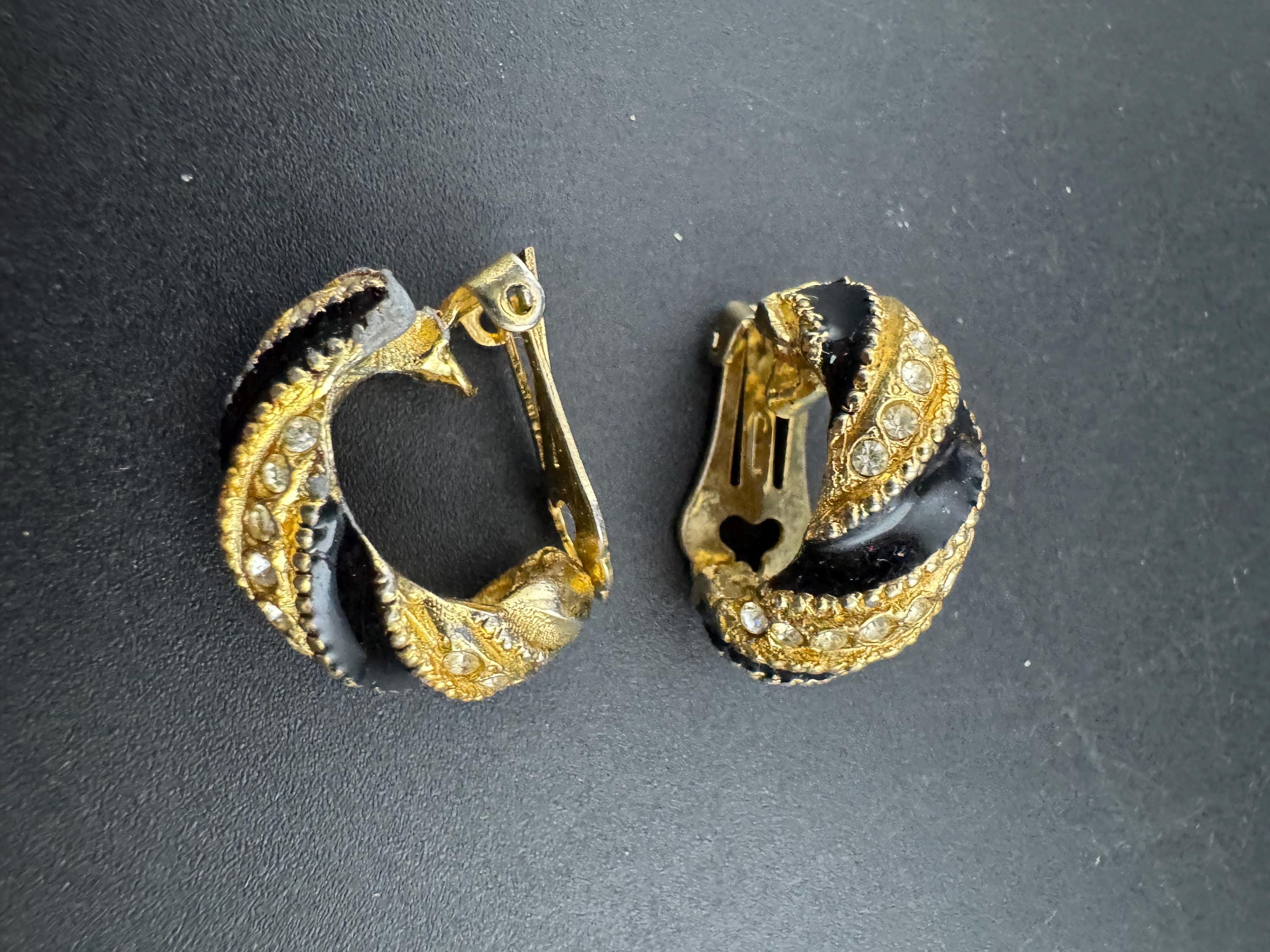 Vintage black enamel Clip On Earrings: Diamanté half hoops 1980s