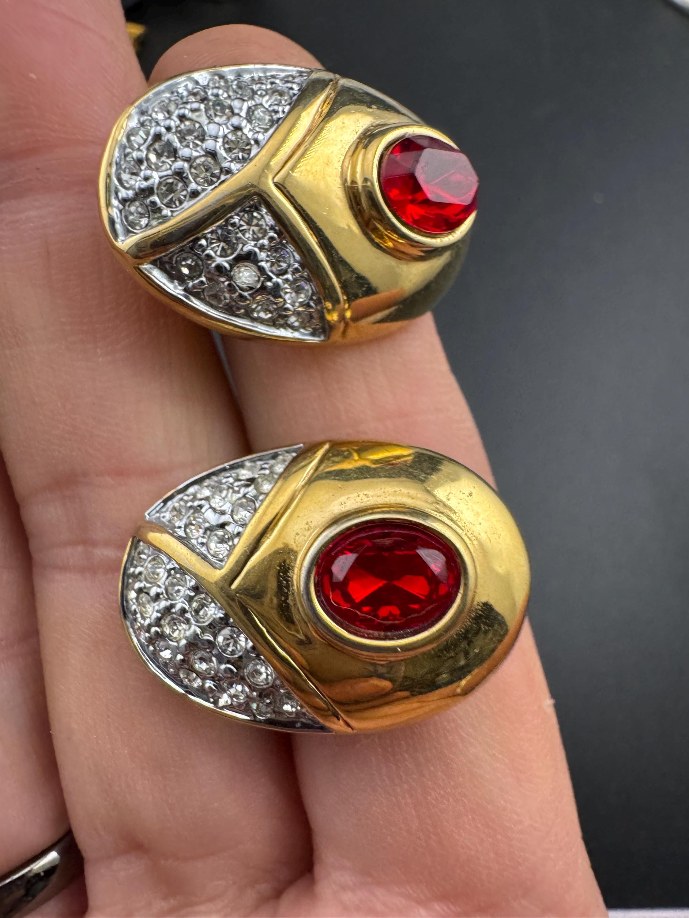 Vintage 1980s Clip On rhinestone Earrings: Gold Tone Red Cabochon, Gripoix Style