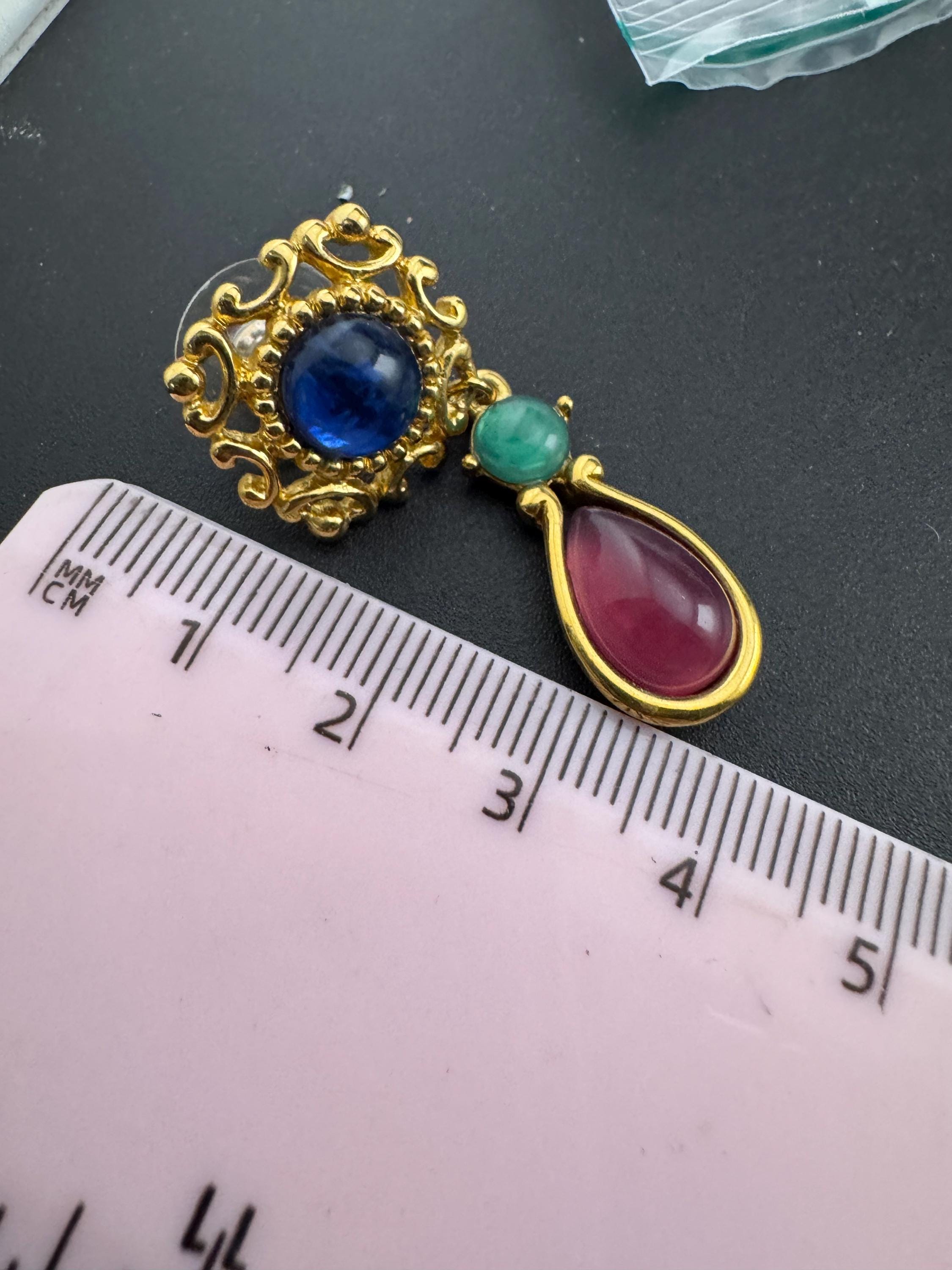 Vintage blue Red Green Cabochon pierced dangly Earrings: Gold Tone Dangle, 1990s