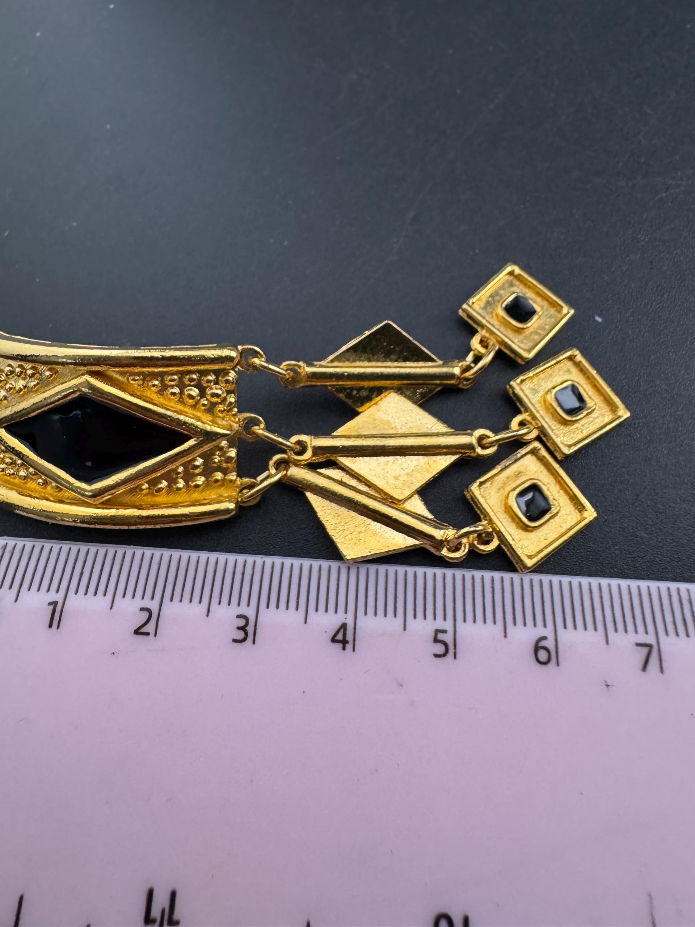 Retro Black and gold geometric dangly clip on earrings, 7cm long