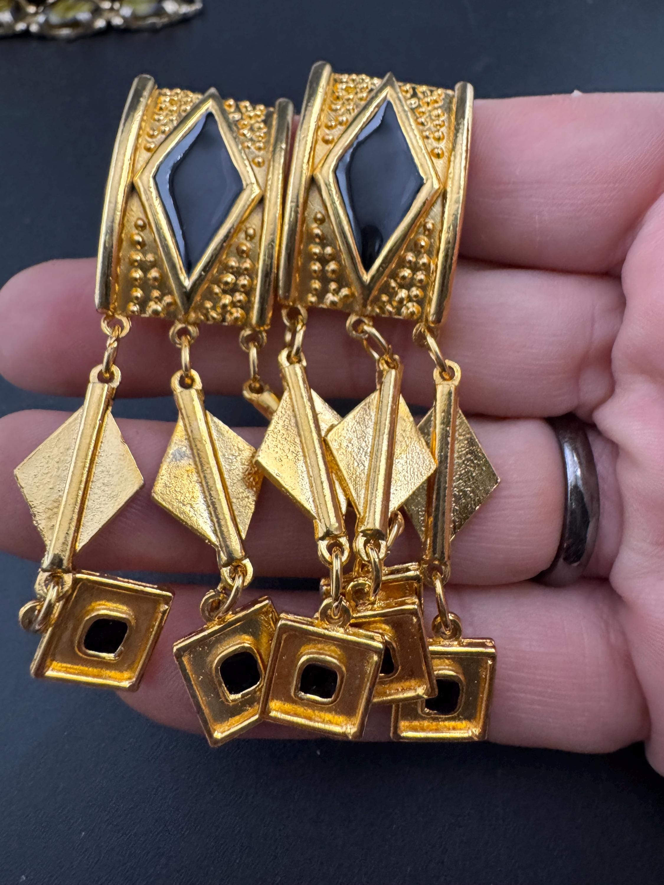 Retro Black and gold geometric dangly clip on earrings, 7cm long