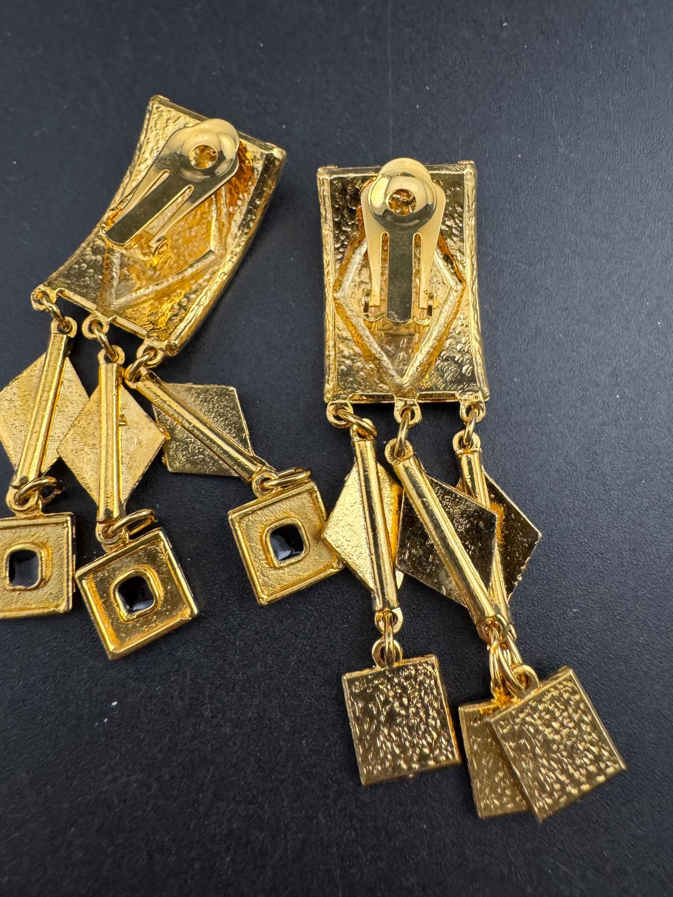 Retro Black and gold geometric dangly clip on earrings, 7cm long