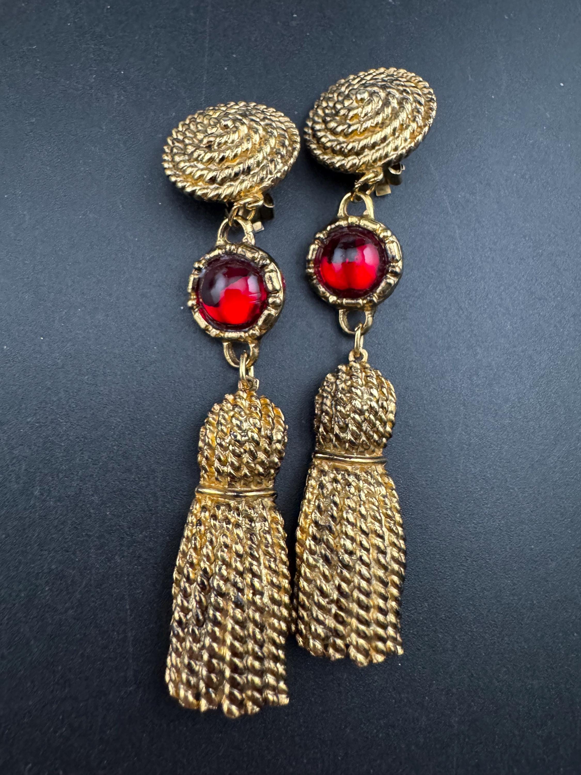 Vintage Ruby cabochon and gold tassel dangly clip on earrings, 9cm long