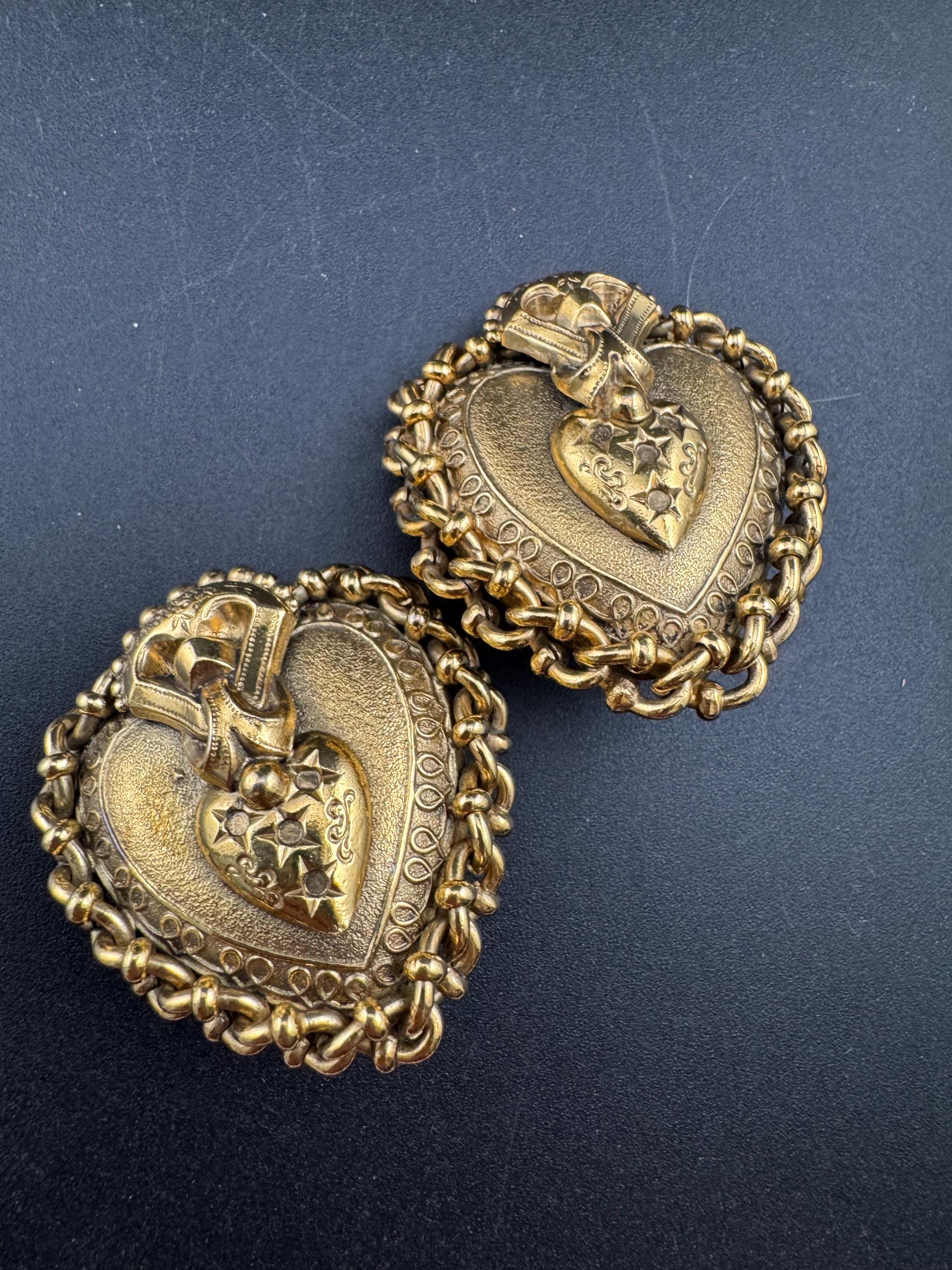 Oversized love heart clip on earrings,  designer style antique gold tone
