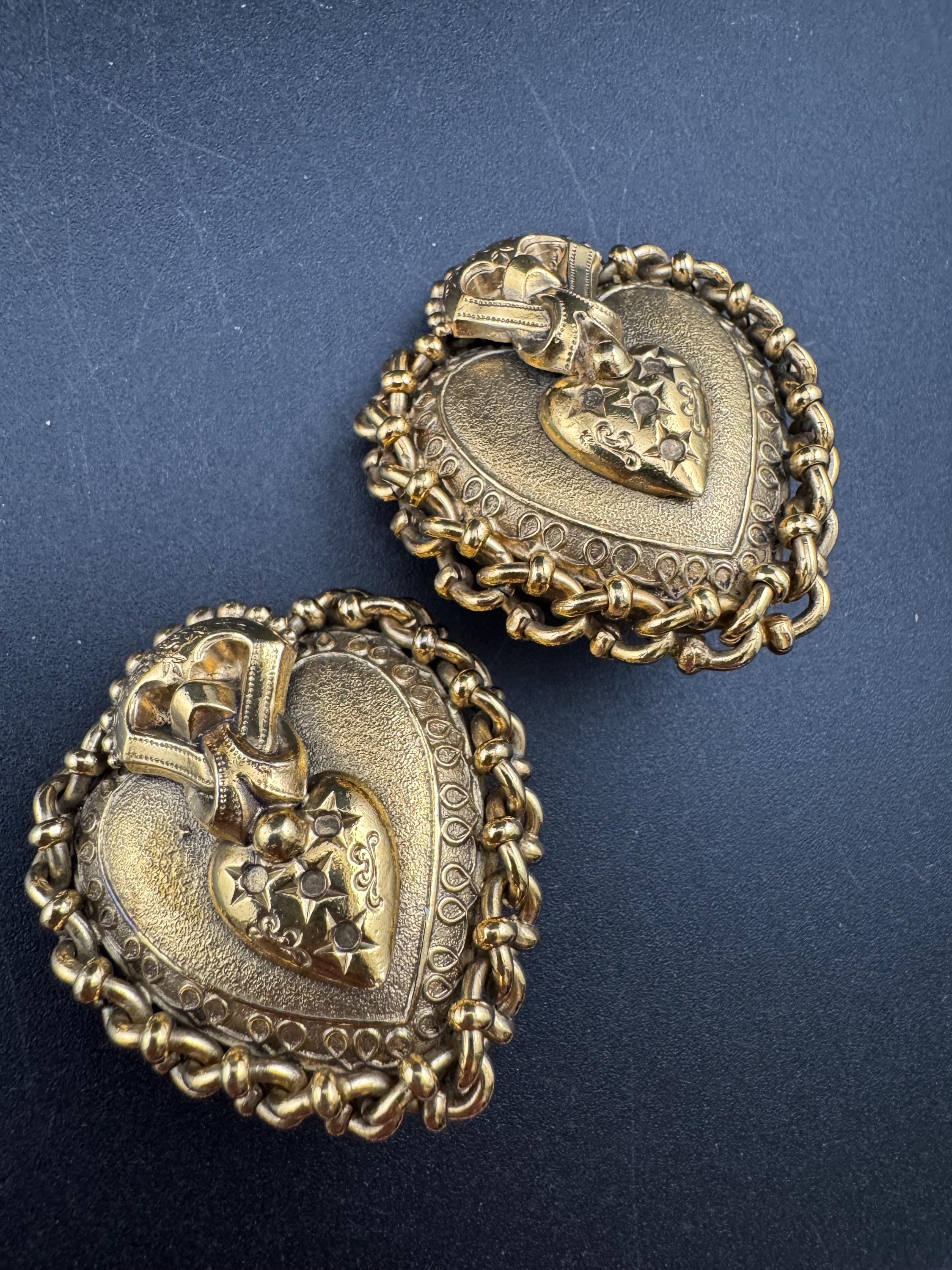 Oversized love heart clip on earrings,  designer style antique gold tone