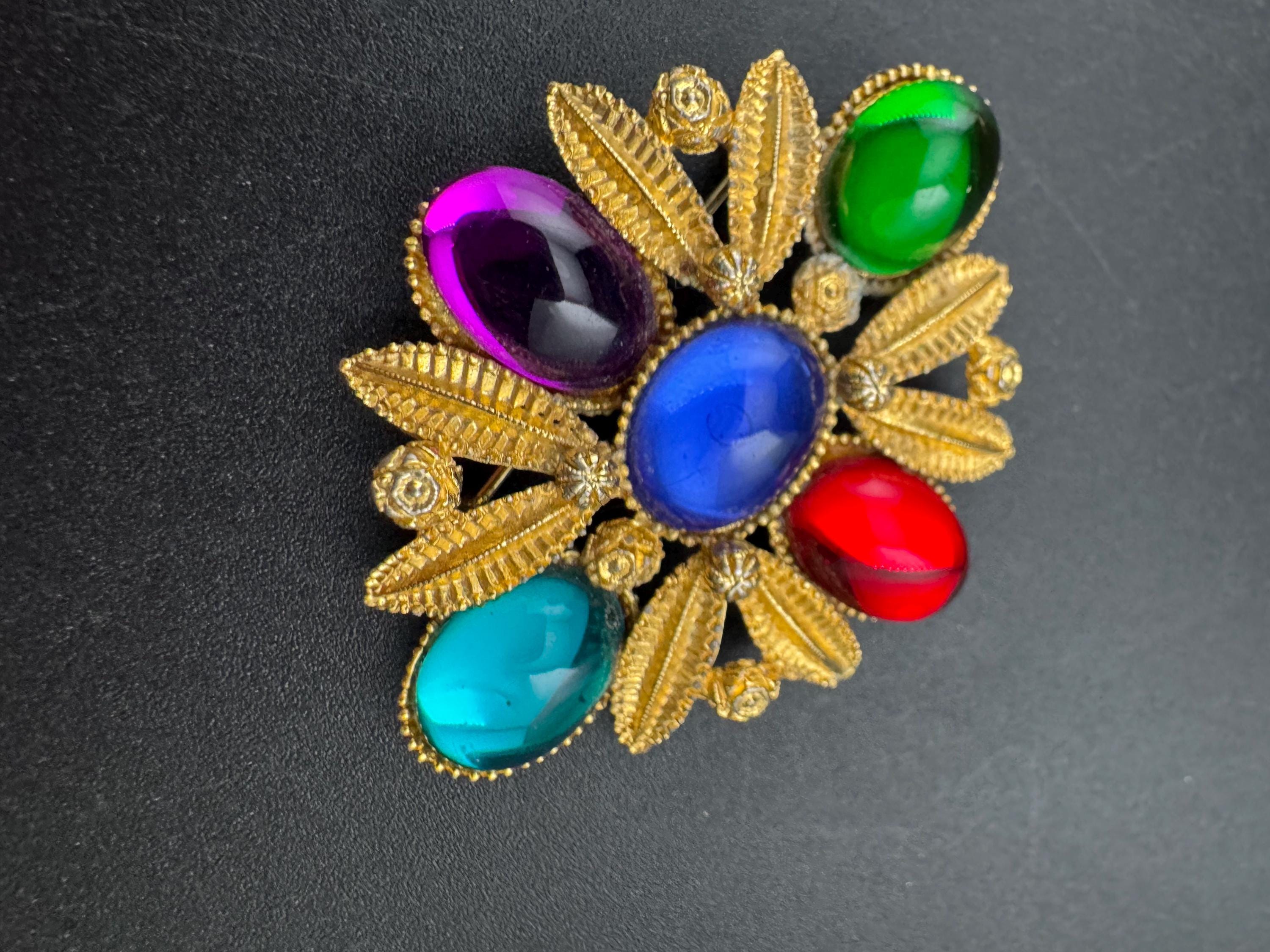 Vintage Oversized Gold Tone Brooch, Red Blue & Green purple Cabochon