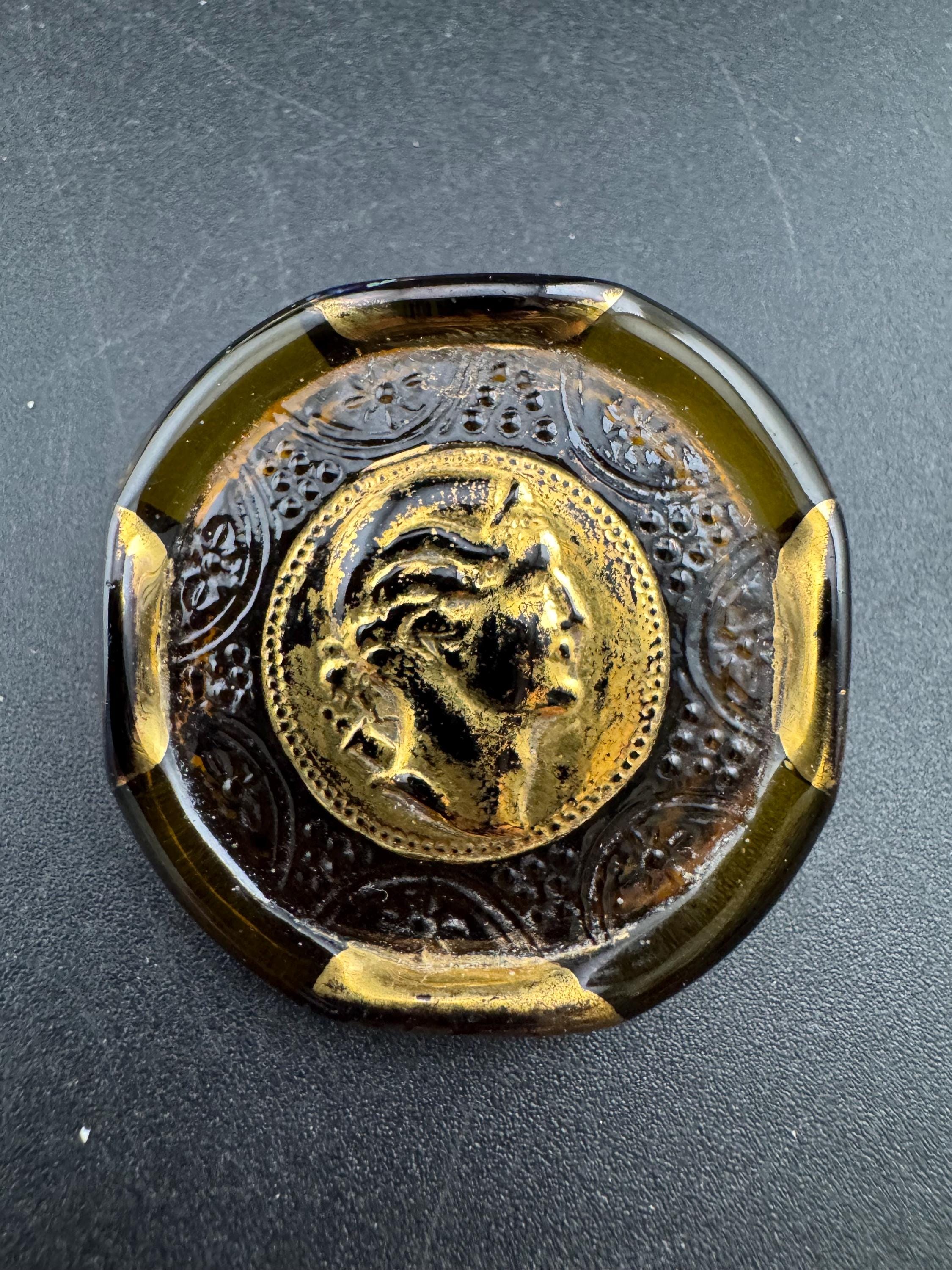 Stylish brown glass Roman coin brooch, vintage Aphrodite Italian style