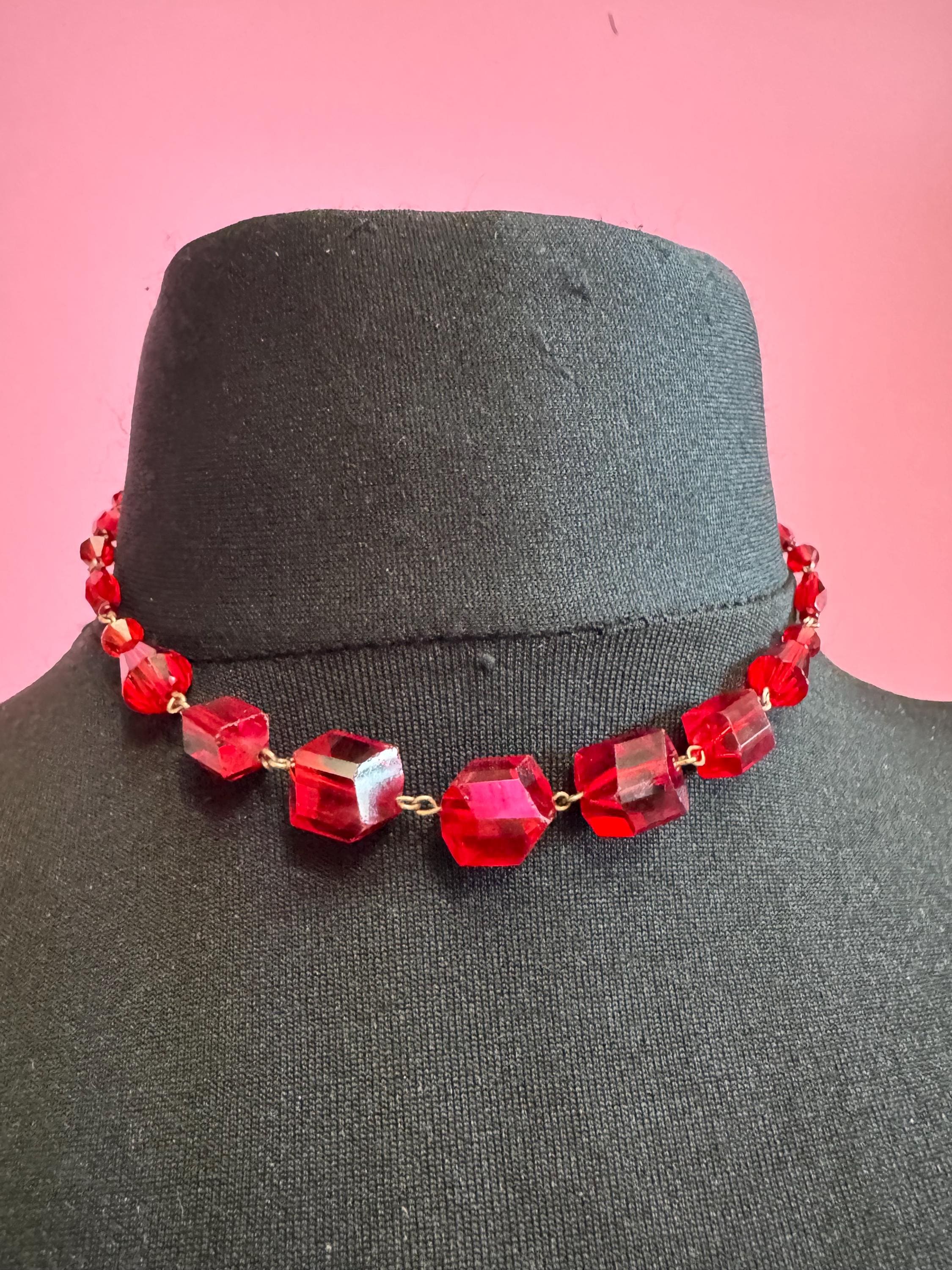 Vintage red ruby glass beaded art deco necklace