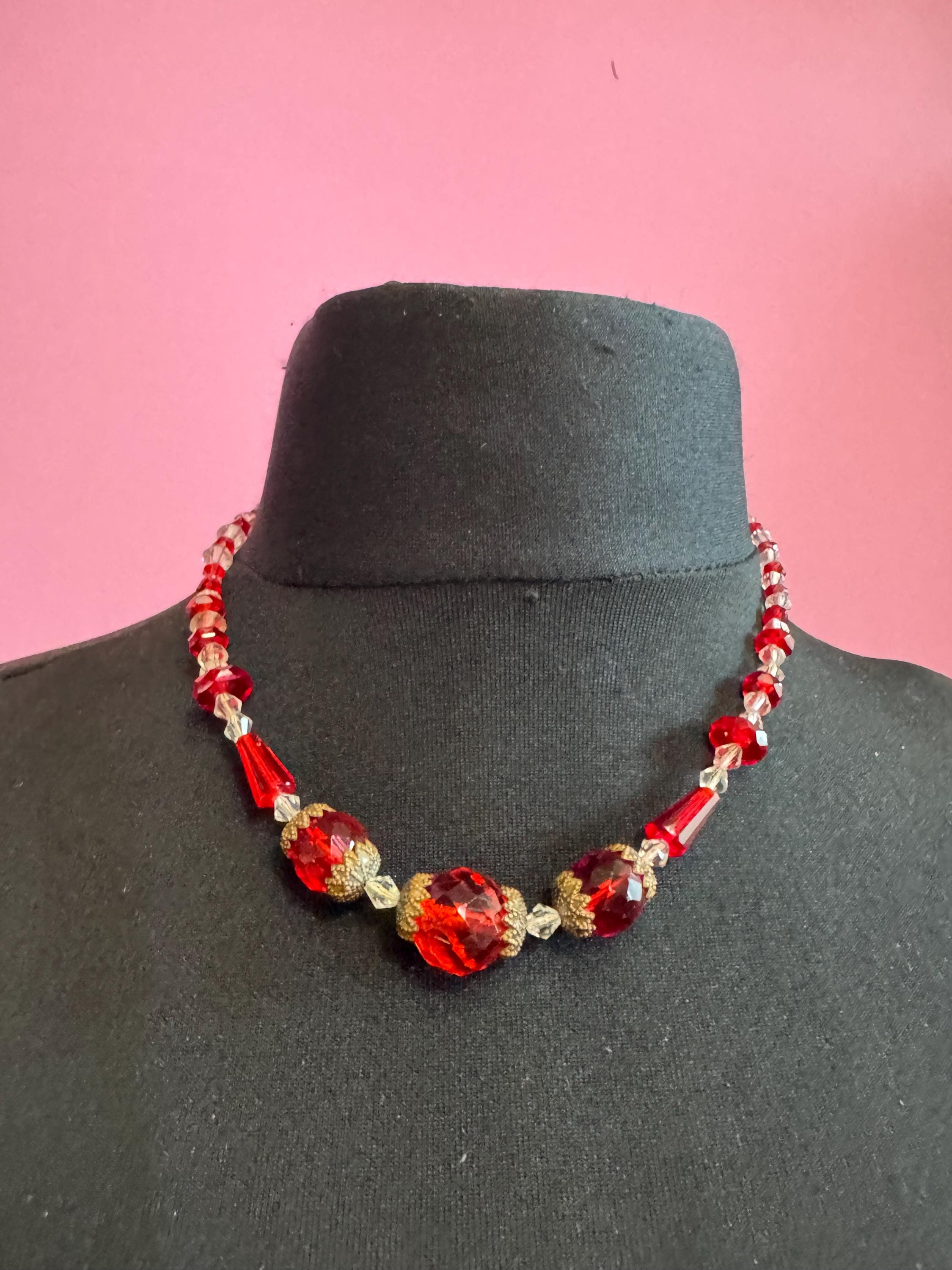 Vintage Czech red and clear cut glass beaded art deco necklace