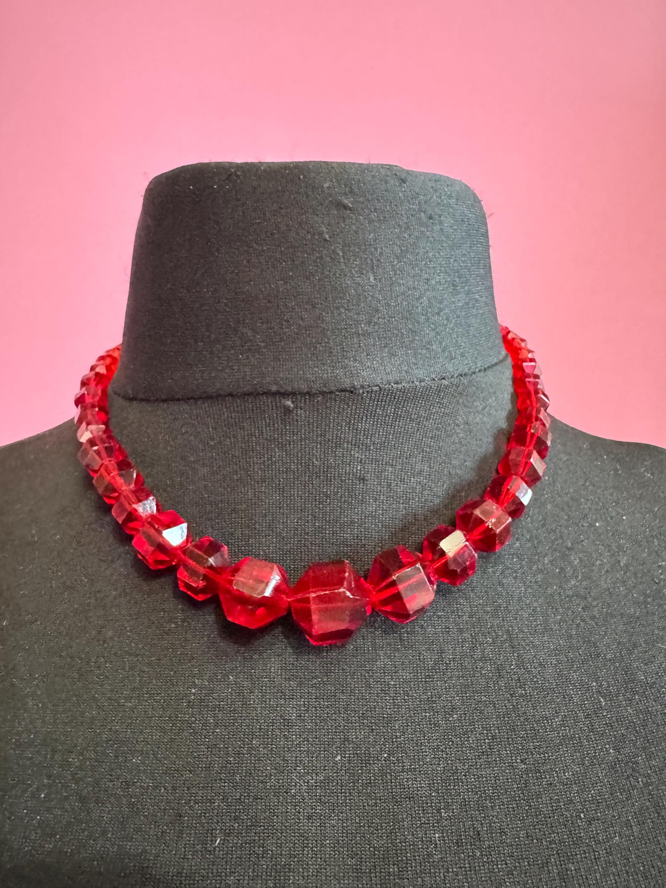 Vintage red ruby glass beaded art deco necklace, rhinestone clasp