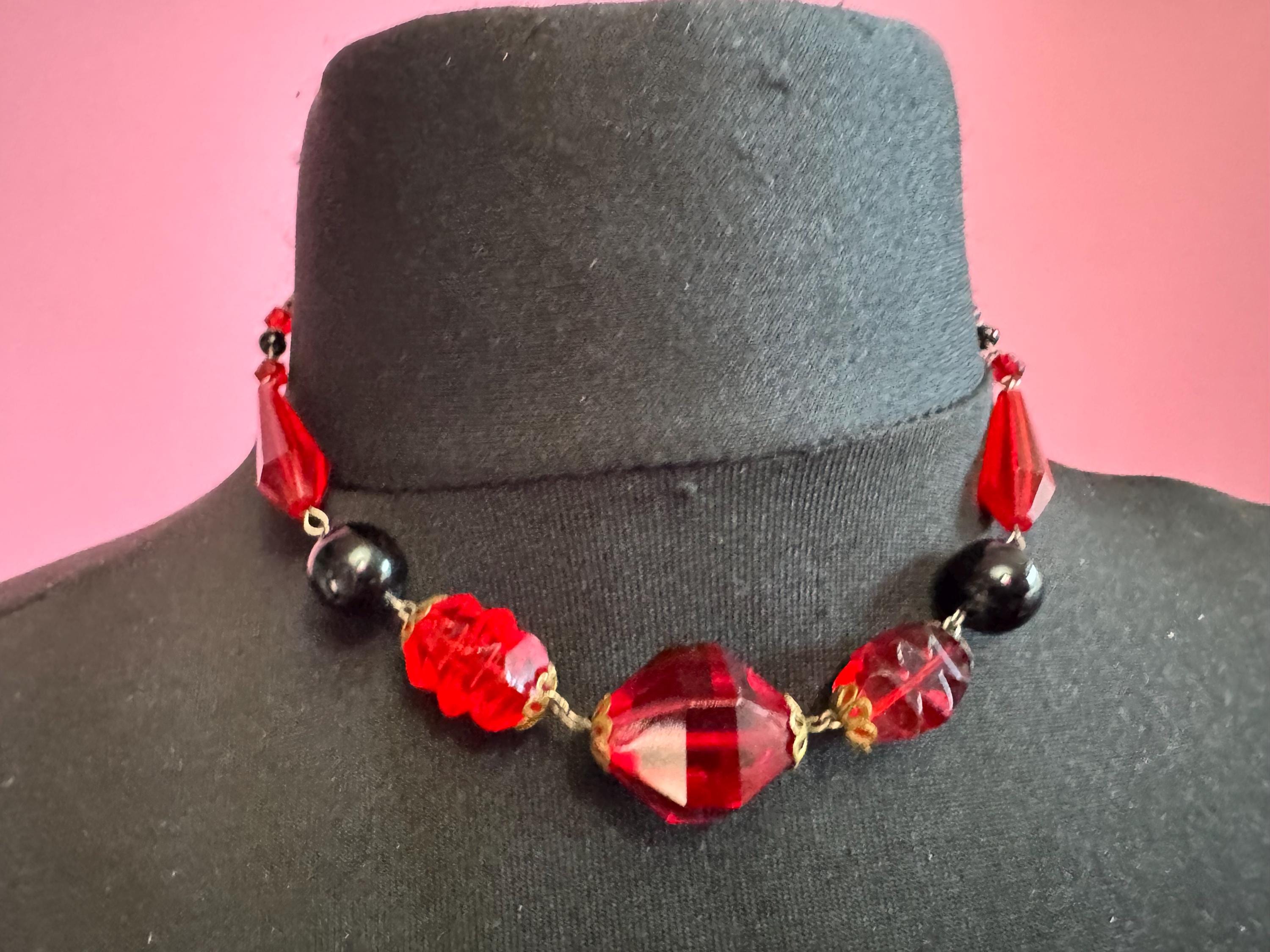 Vintage Czech ruby red and black glass beaded necklace, art deco