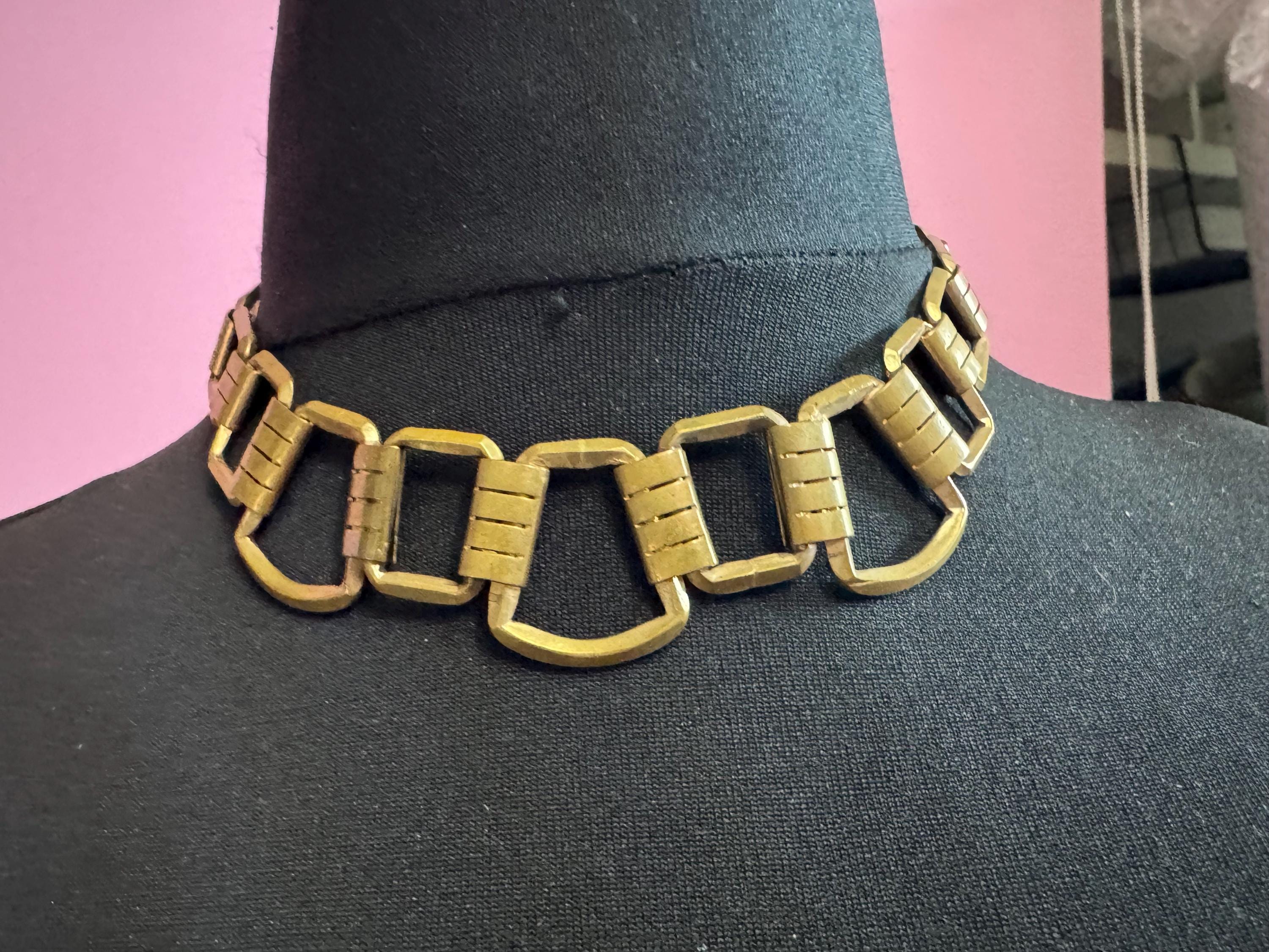 Czech, art deco gold brass collar necklace, machine age