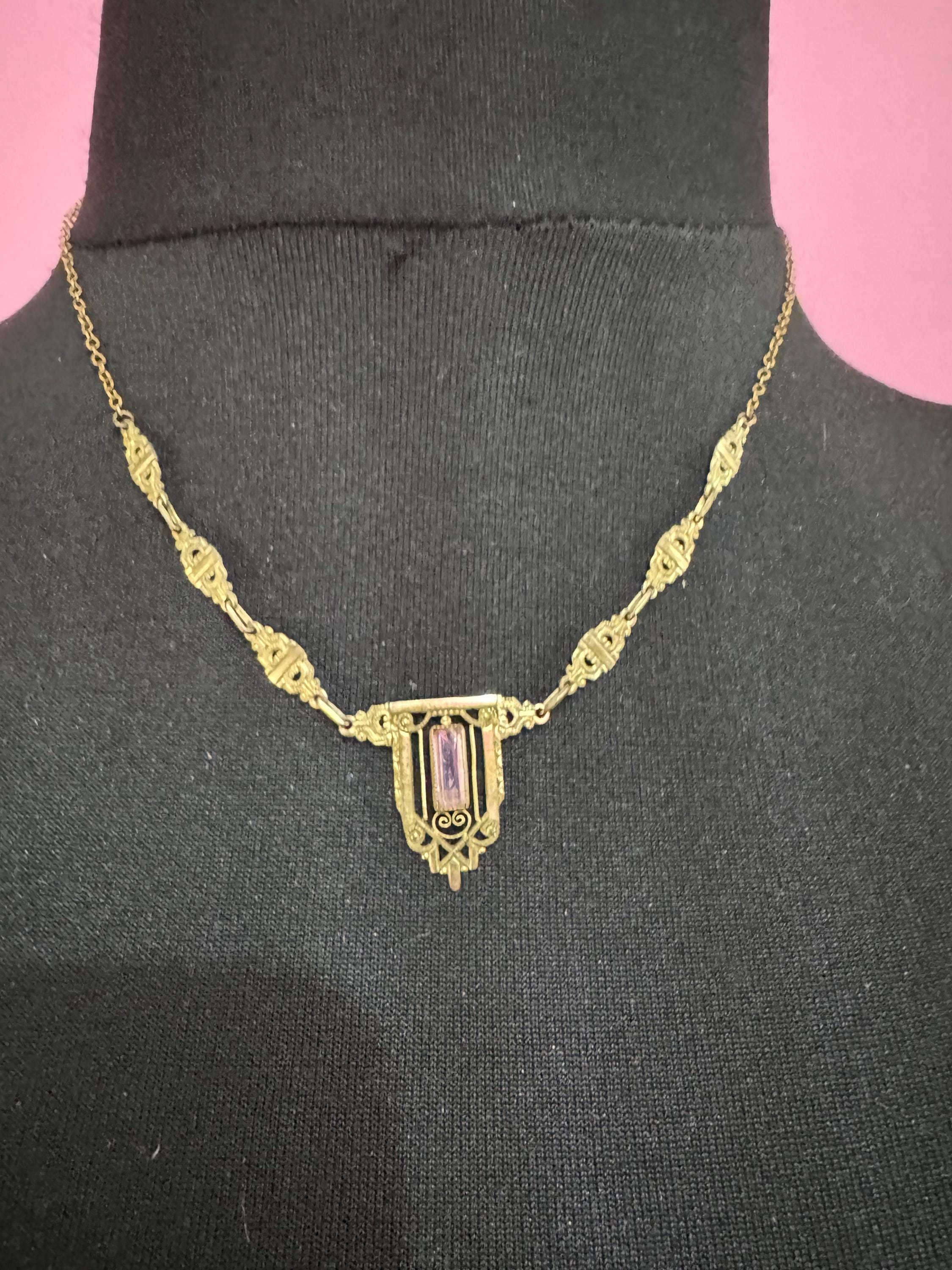 Antique rolled gold amethyst purple  pendant necklace