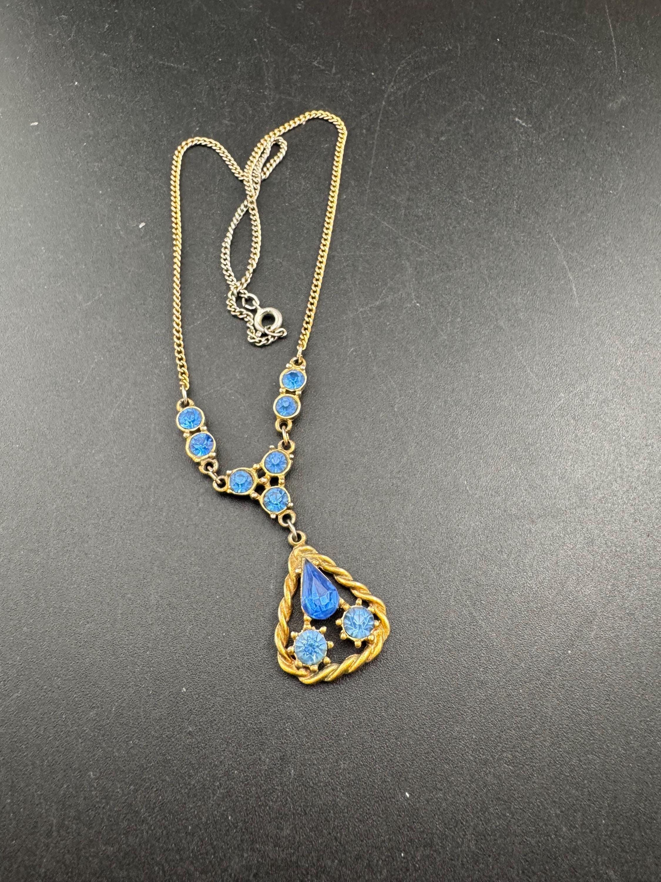 Art Deco sapphire diamante Paste drop pendant necklace, gold tone