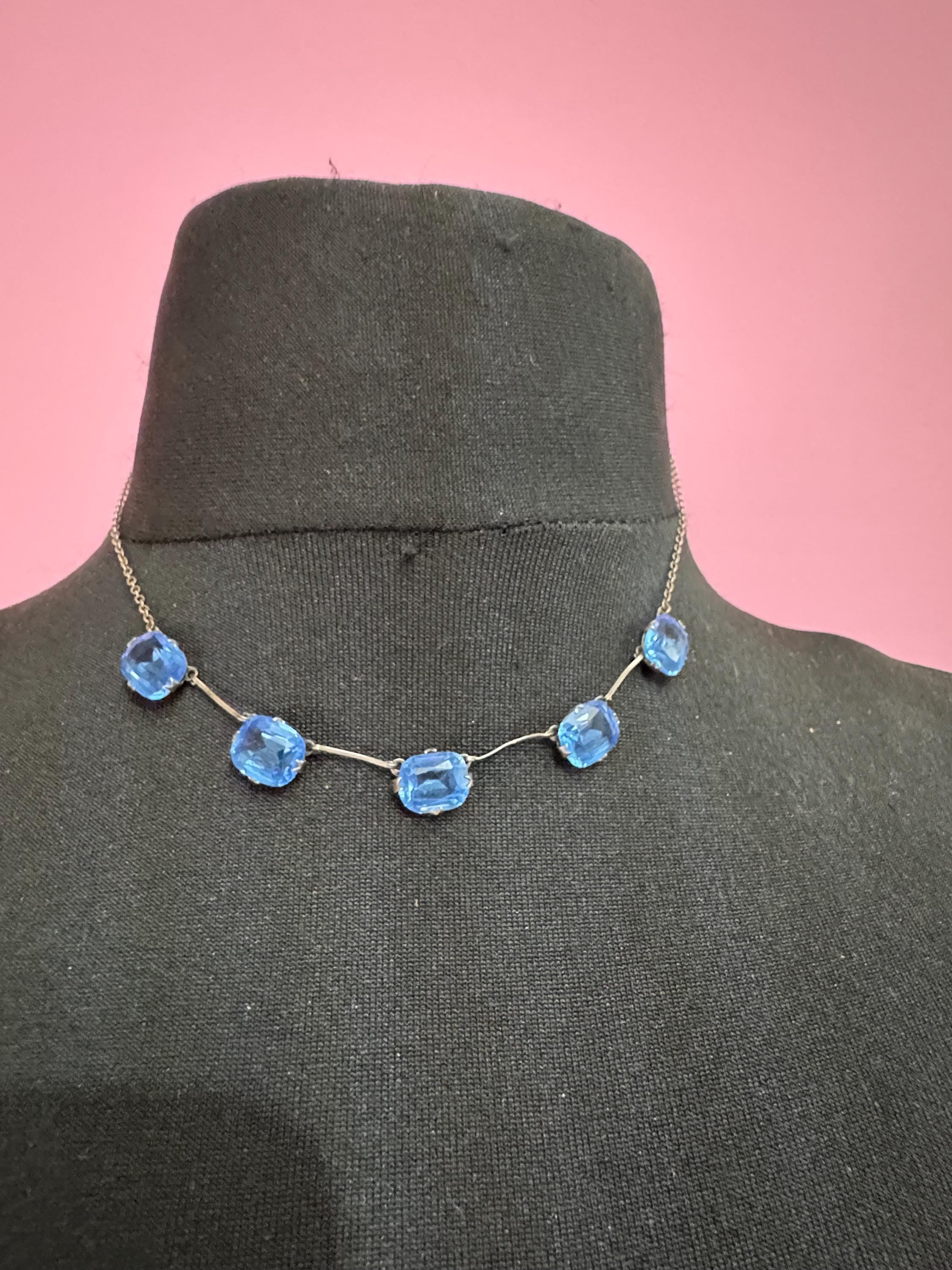 Vintage sapphire blue open back crystal bezel set necklace, art deco