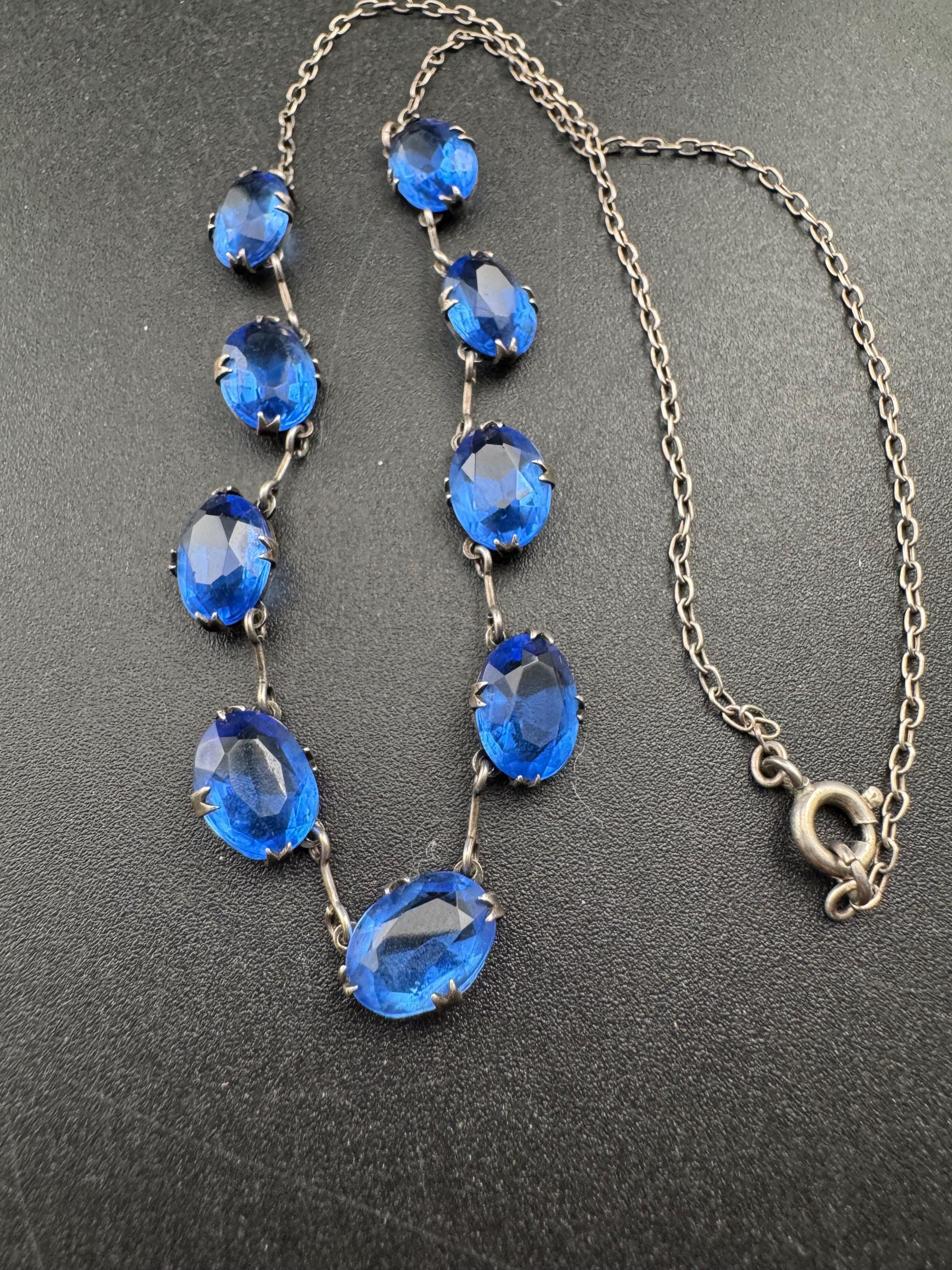Petite fit Vintage sapphire blue open back crystal bezel set necklace, art deco