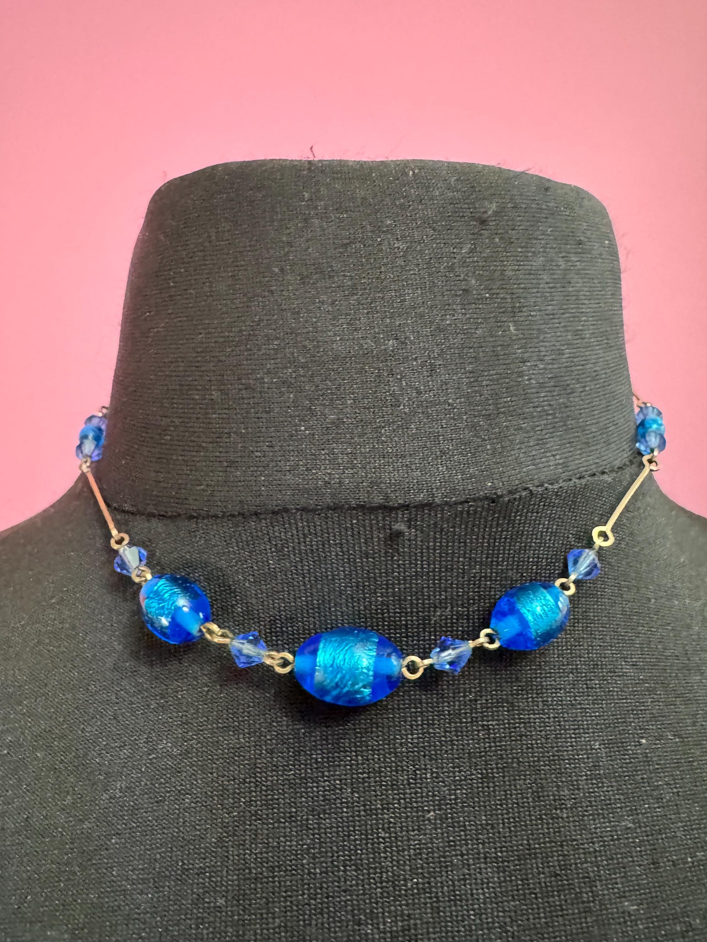 Rolled gold blue glass foil beaded necklace, art deco
