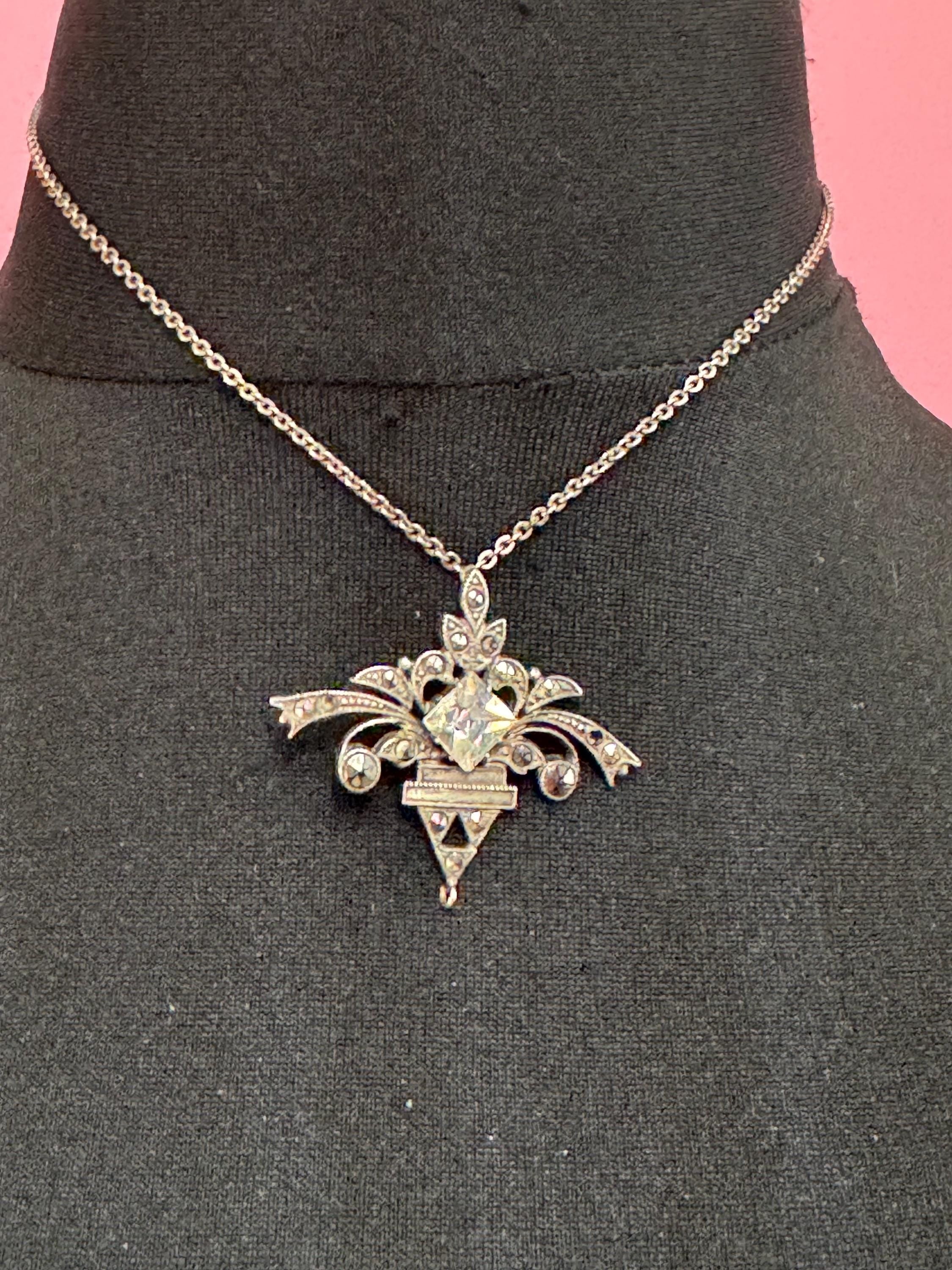 Vintage clear crystal marcasite pendant necklace, antique