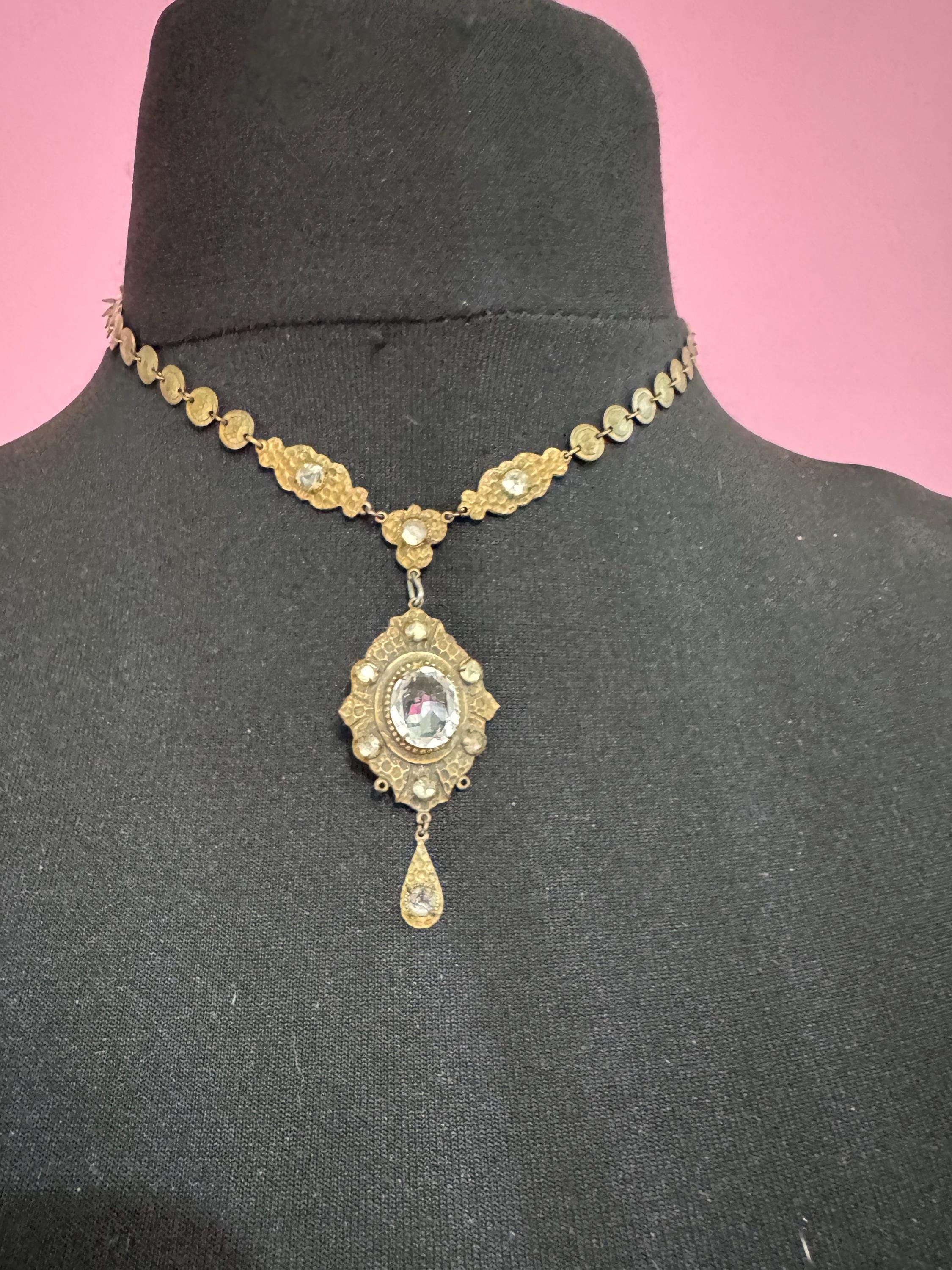 Art Deco czech brass necklace with clear rhinestones