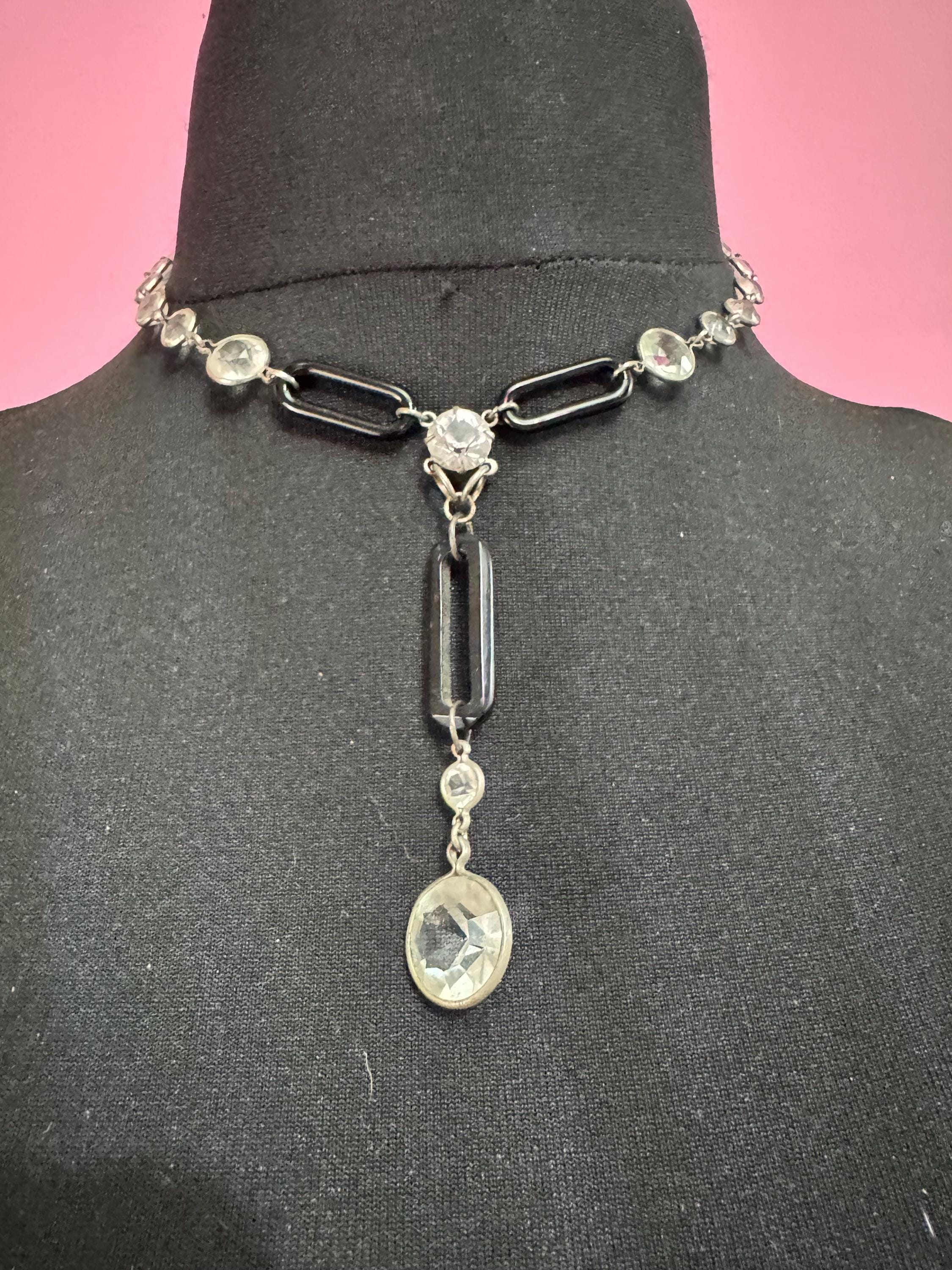 Art Deco Black clear bezel set Drop Necklace - Silver Tone 1920s