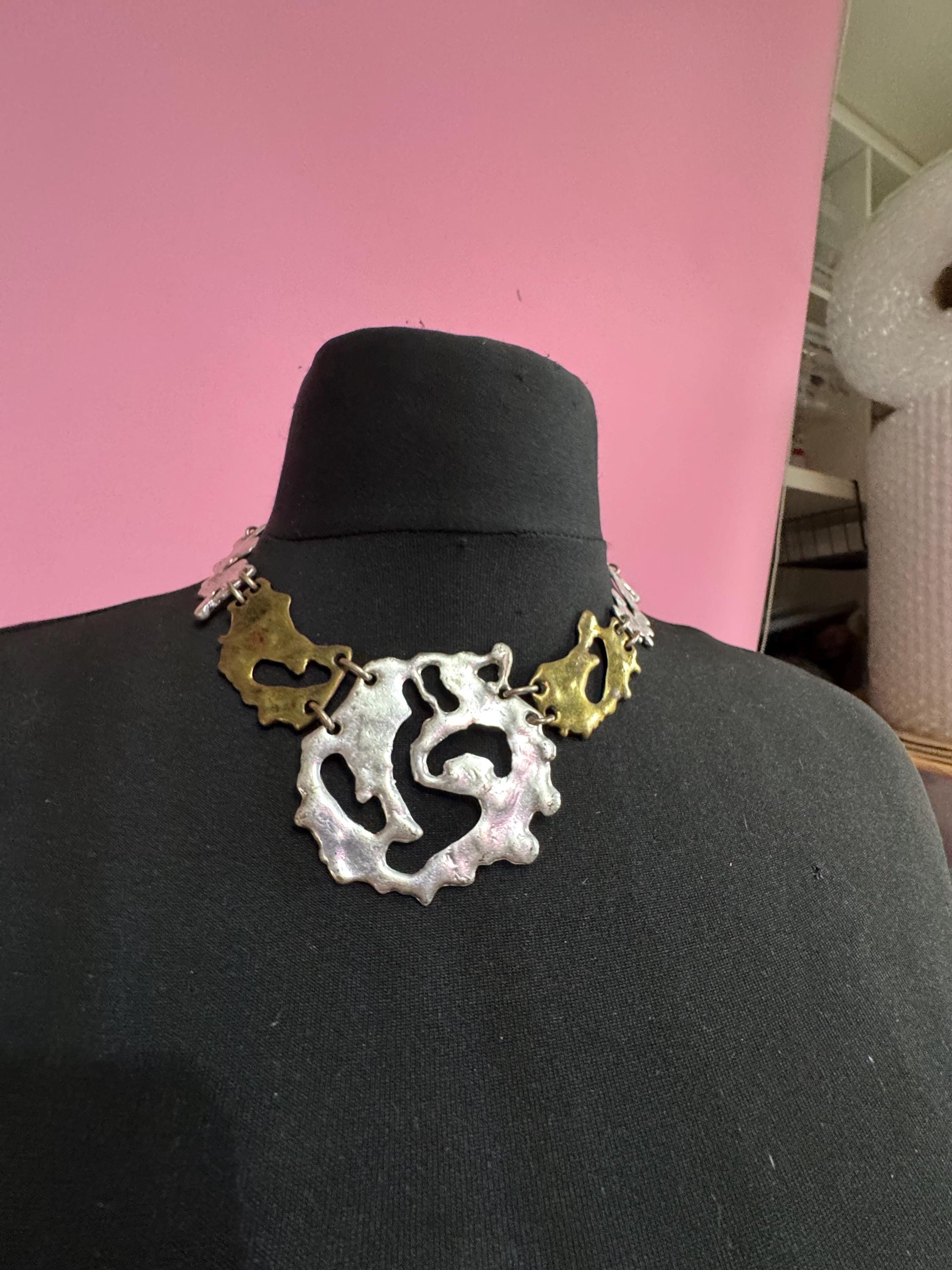 Vintage SAKS silver and brass brutalist melted metal panel link choker necklace