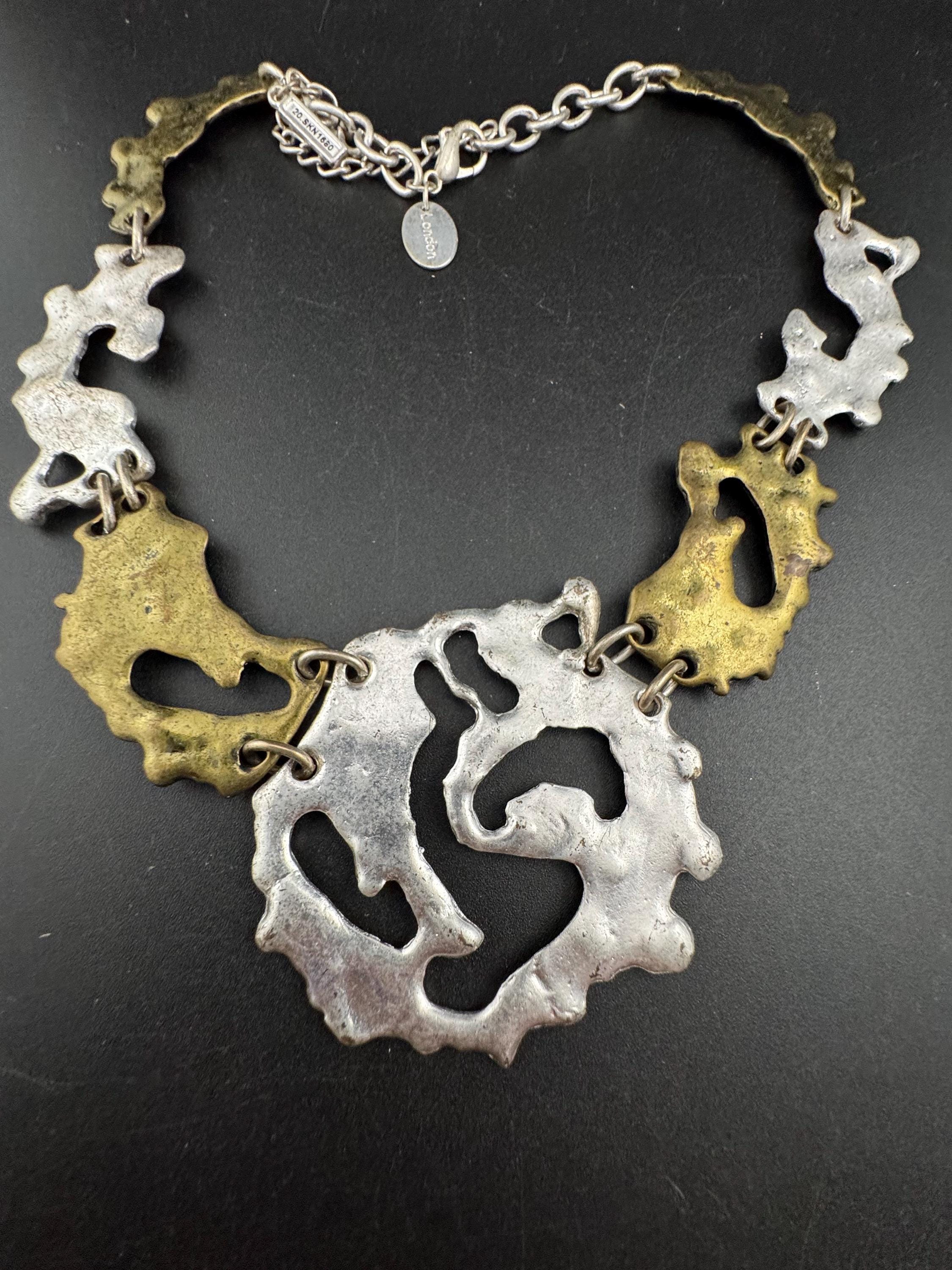 Vintage SAKS silver and brass brutalist melted metal panel link choker necklace