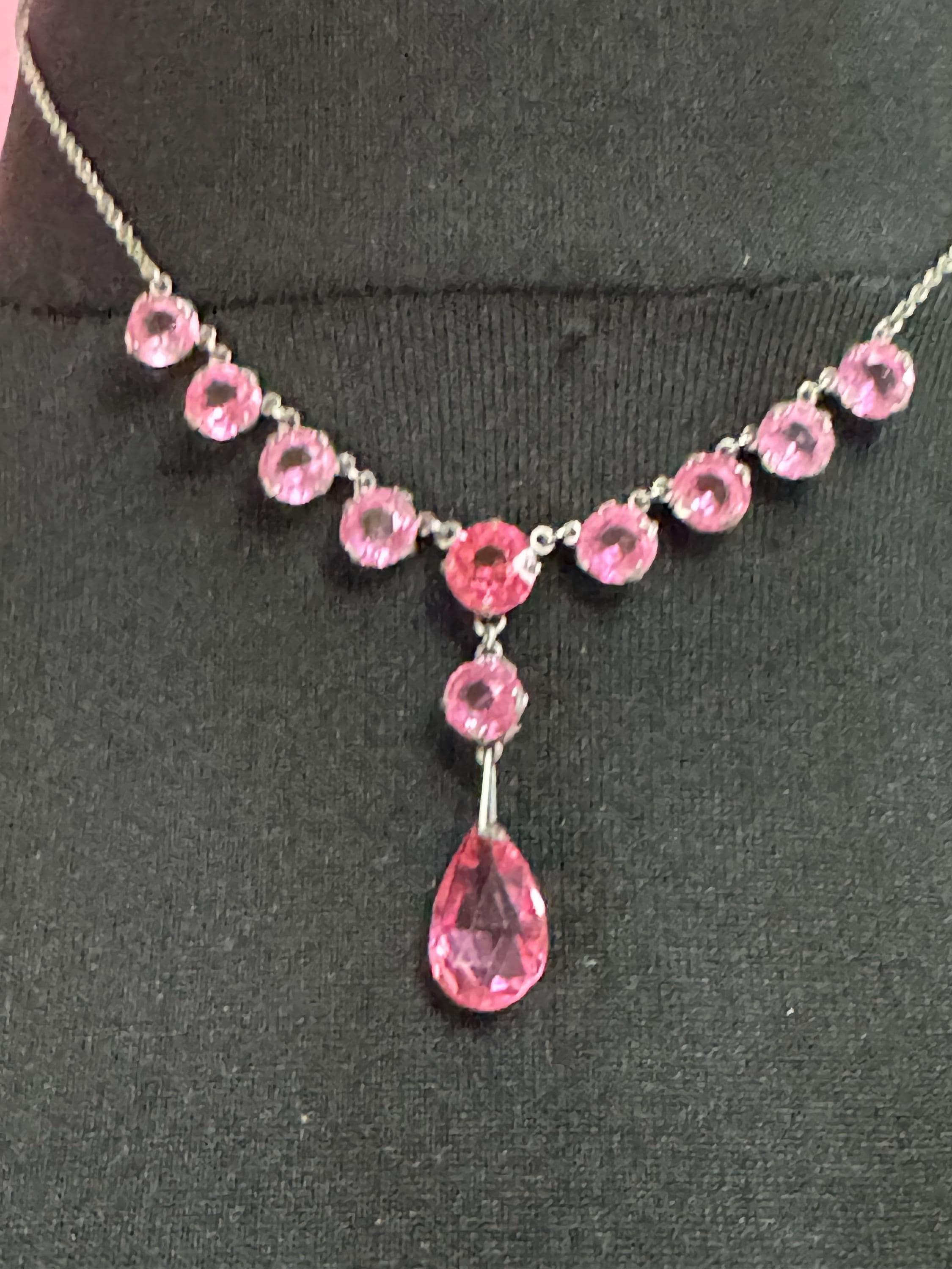 Petite fit Art Deco czech open back crystal pink diamanté Paste necklace 1920s