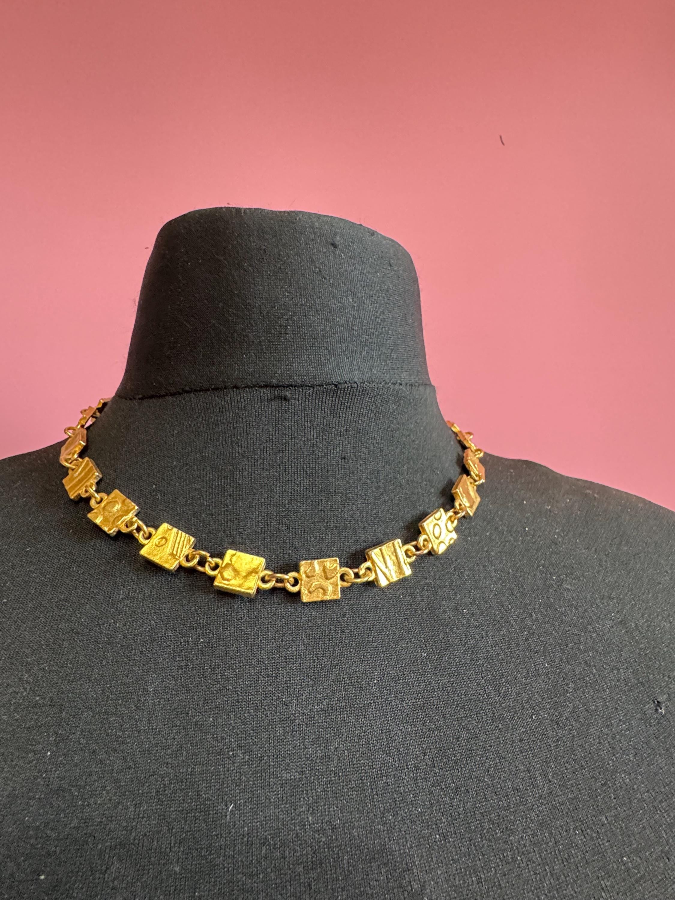 Signed Biche de Bere gold tone abstract panel link collar necklace, Paris designer