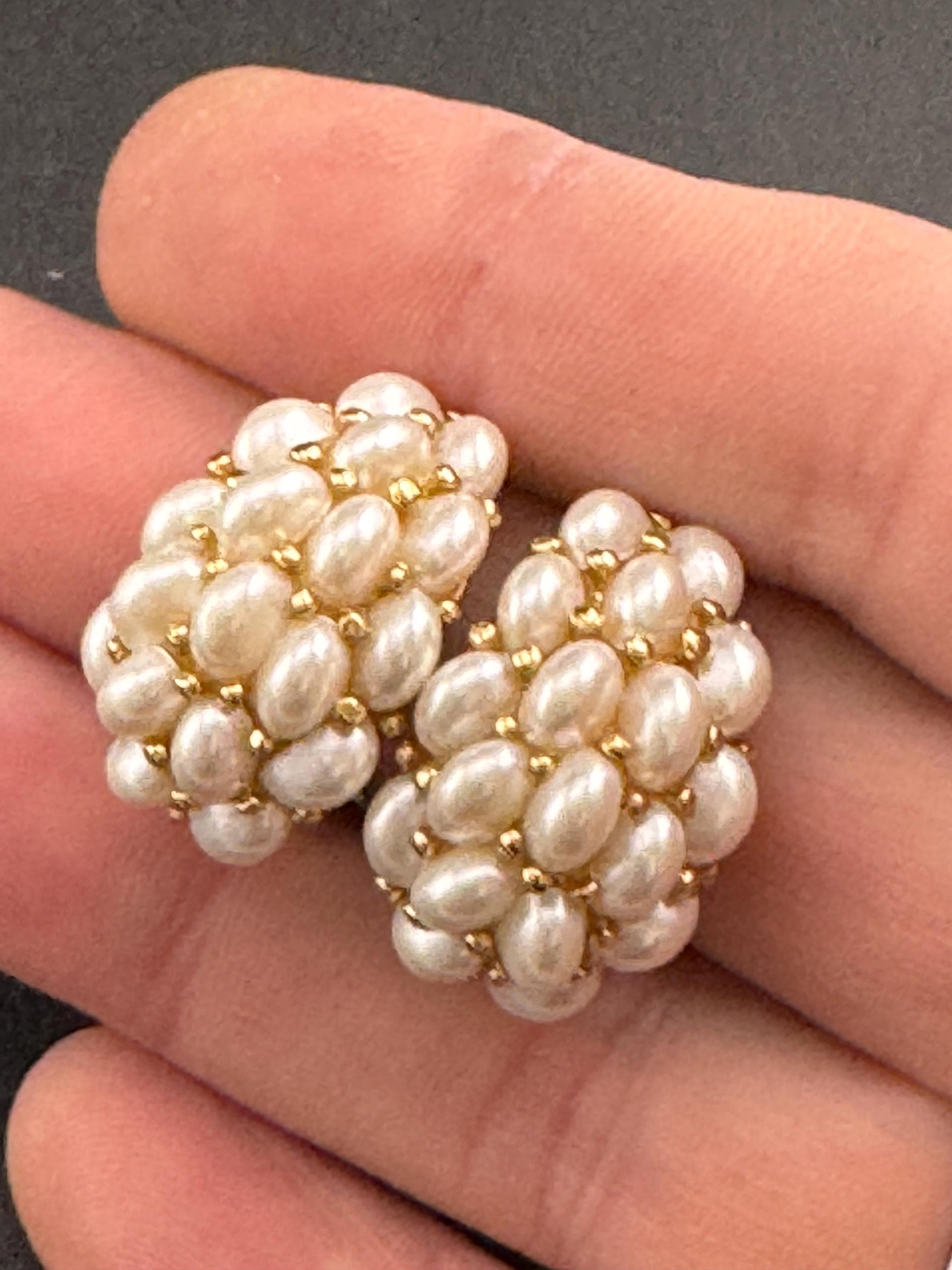 Signed KJL Kenneth Lane faux pearl cluster clip on half hoop earrings