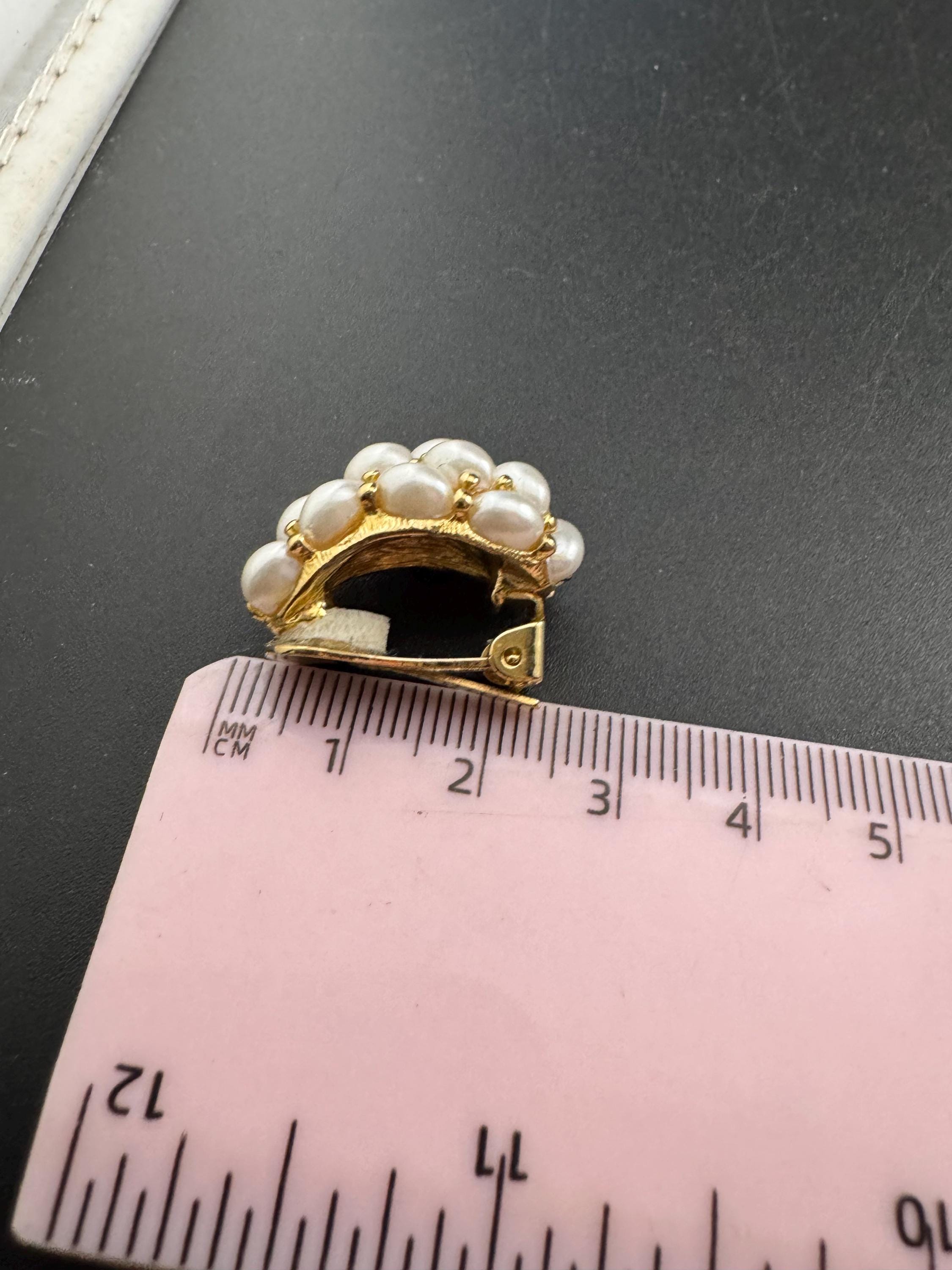 Signed KJL Kenneth Lane faux pearl cluster clip on half hoop earrings