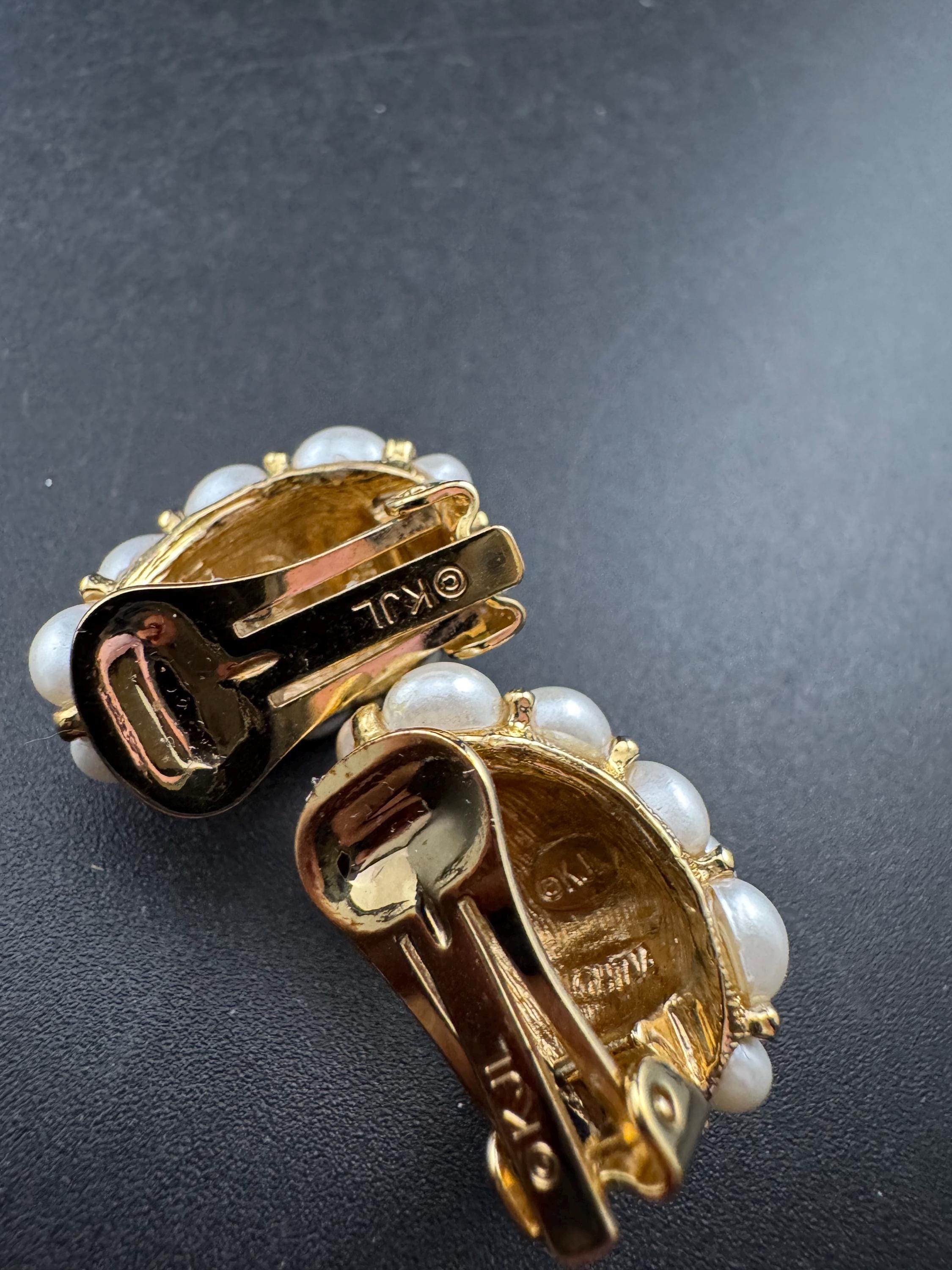 Signed KJL Kenneth Lane faux pearl cluster clip on half hoop earrings