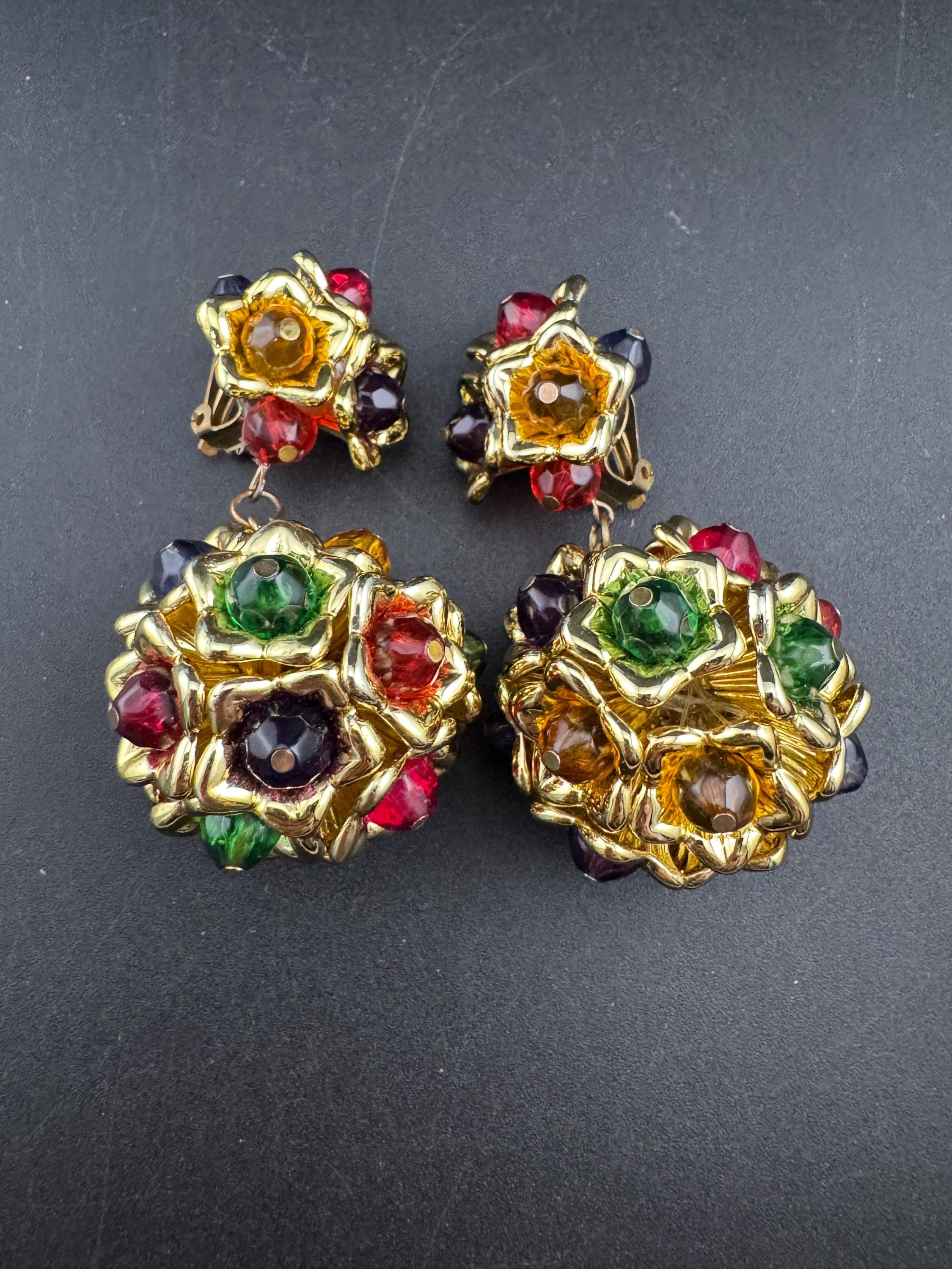 Vintage plastic oversized XL gold ball dangly clip on earrungs, red blue green beads