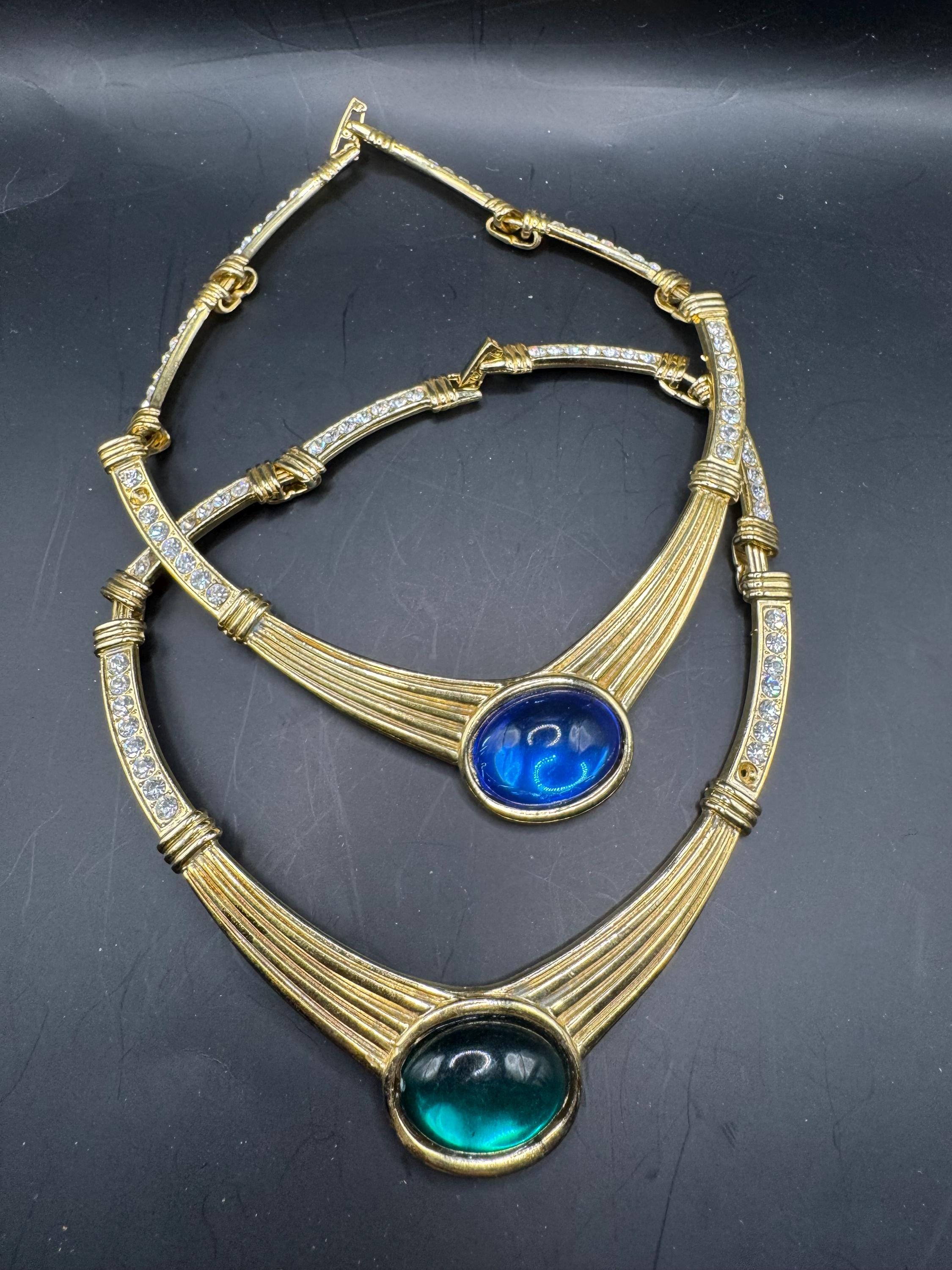 80s Retro sapphire blue Cabochon Diamanté Choker Necklace, gold plated