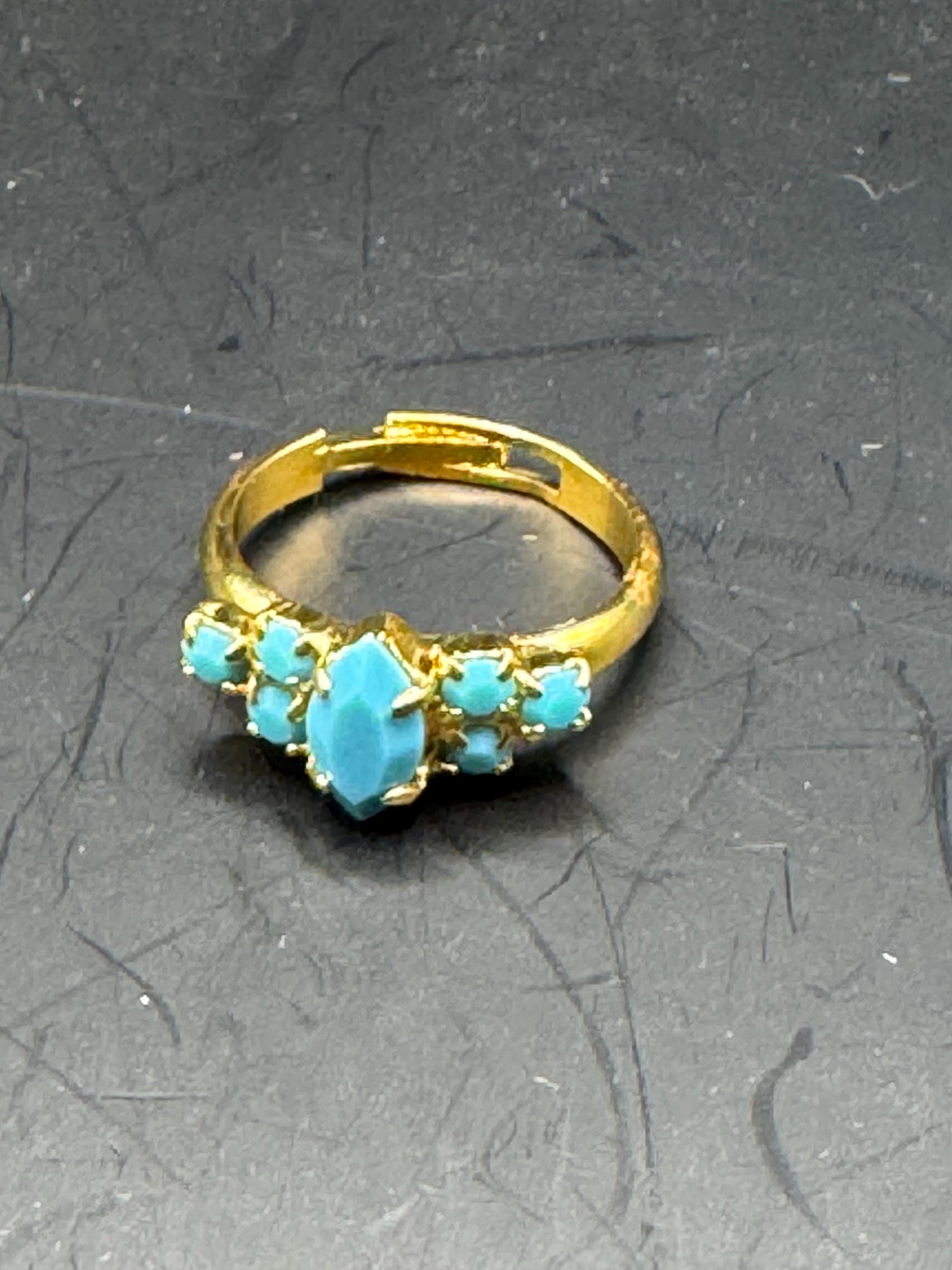 adjustable gold tone turquoise paste dress ring,  1970s cocktail rings