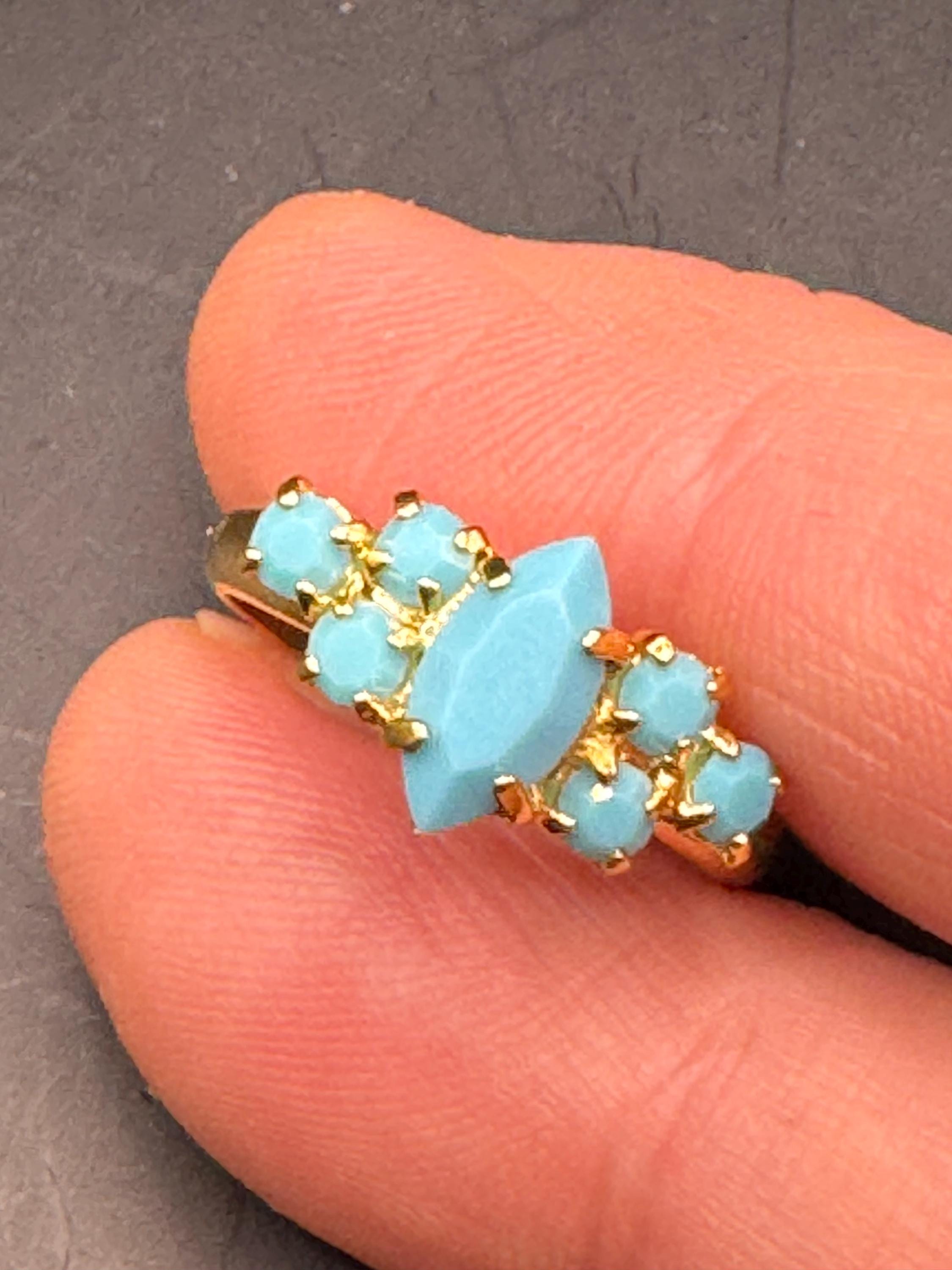 adjustable gold tone turquoise paste dress ring,  1970s cocktail rings