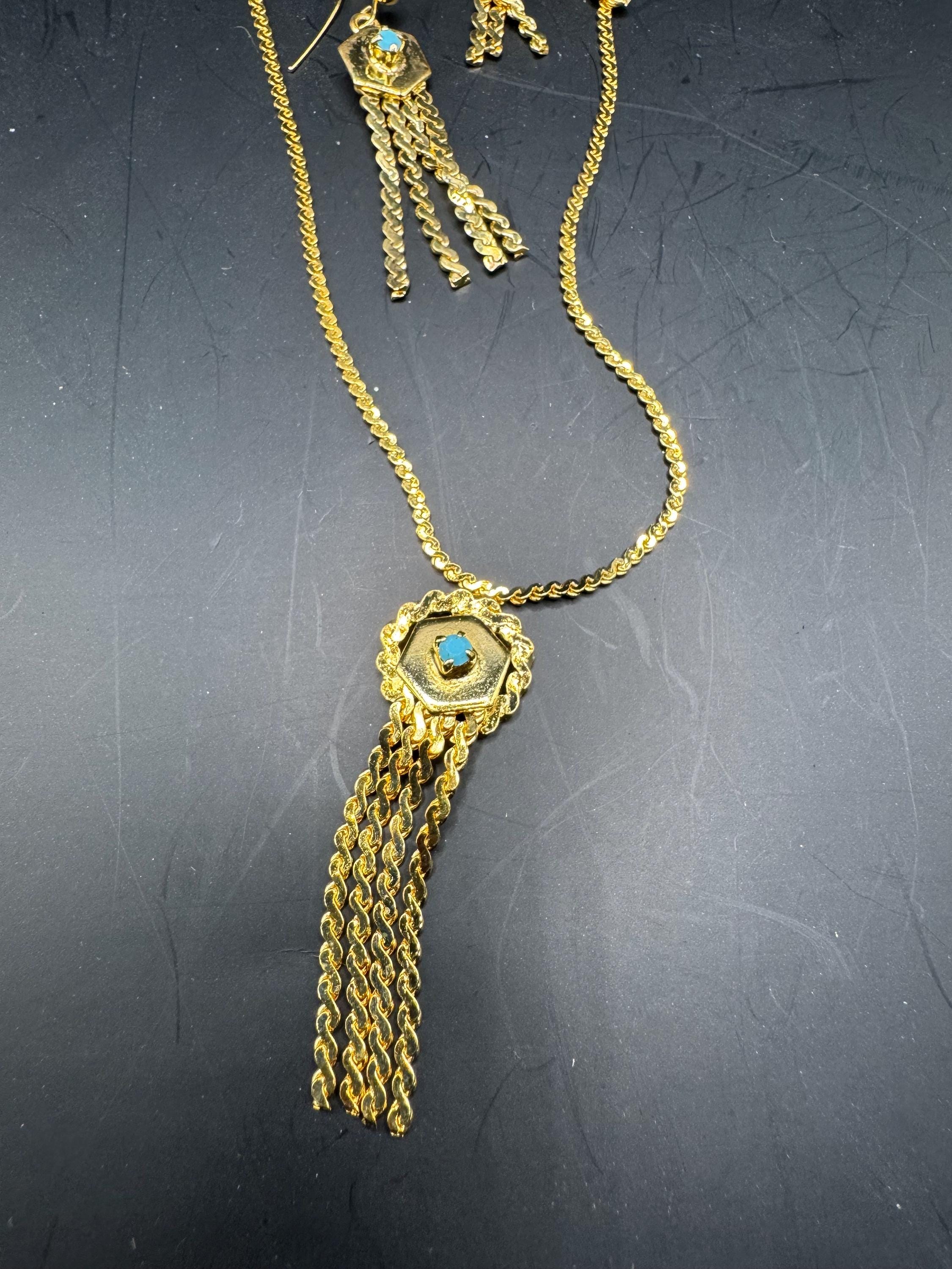Vintage Turquoise rhinestone jewellery set, serpentine tassel necklace and earrings, gold plated