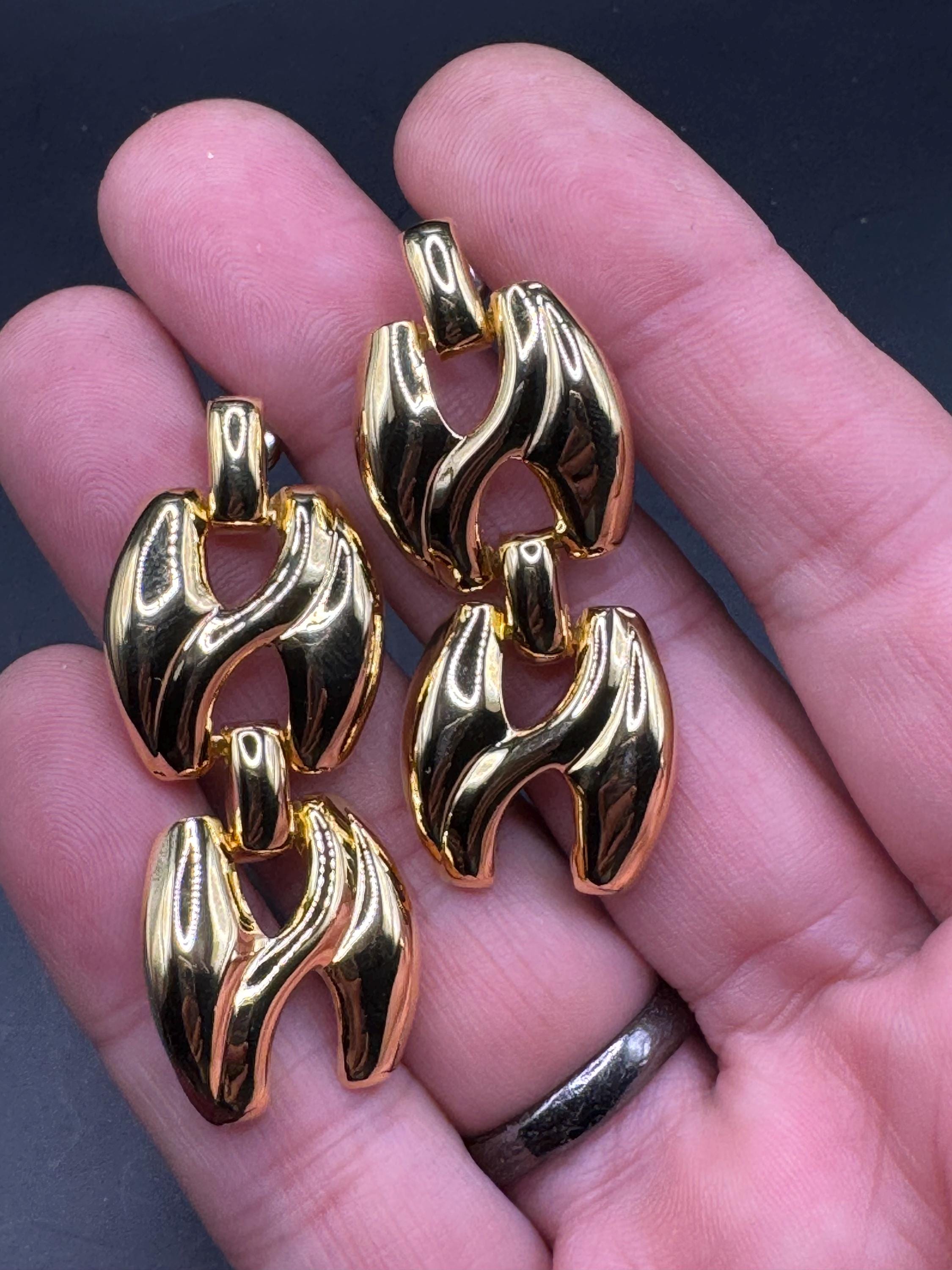 Vintage 80s Gold door knocker drop earrings,  pierced ears embossed metal unused
