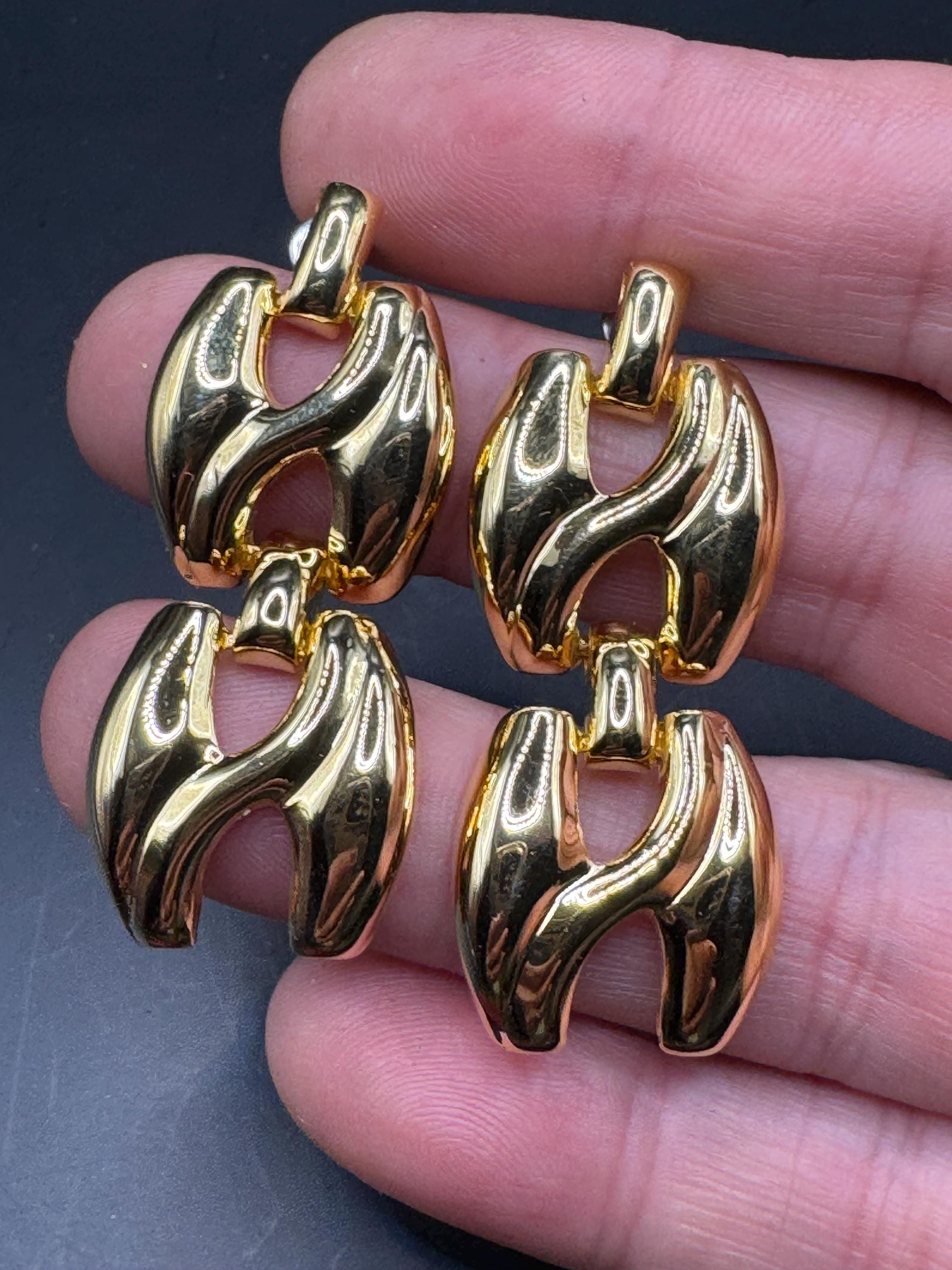 Vintage 80s Gold door knocker drop earrings,  pierced ears embossed metal unused