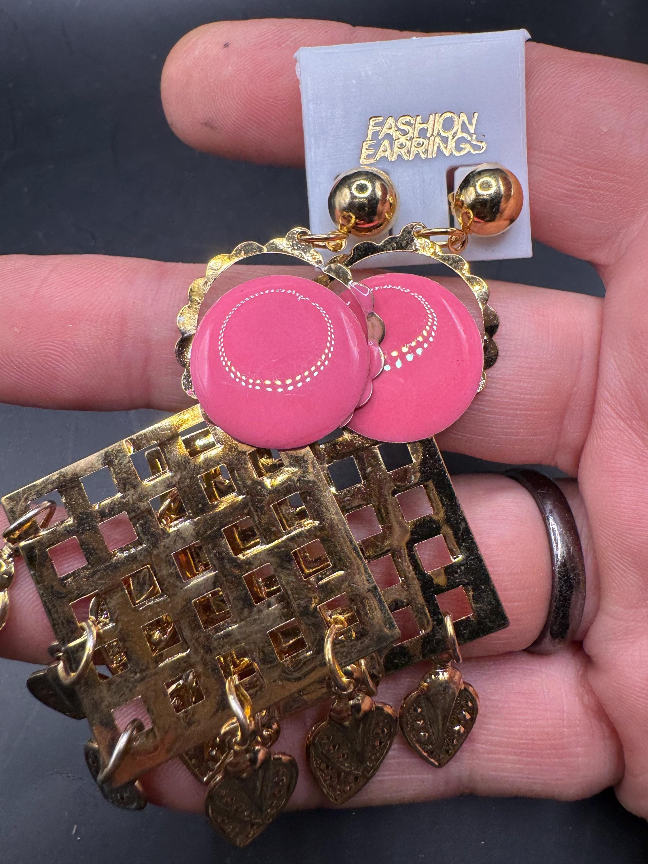 Retro 80s Oversized Drop Earrings, Embossed Metal, Deadstock